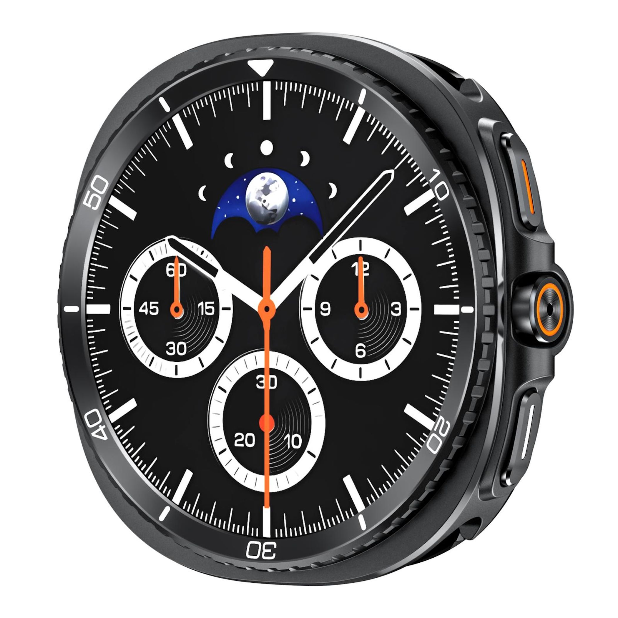 Uno smartwatch nero con tre quadranti secondari e indicatore fasi lunari.