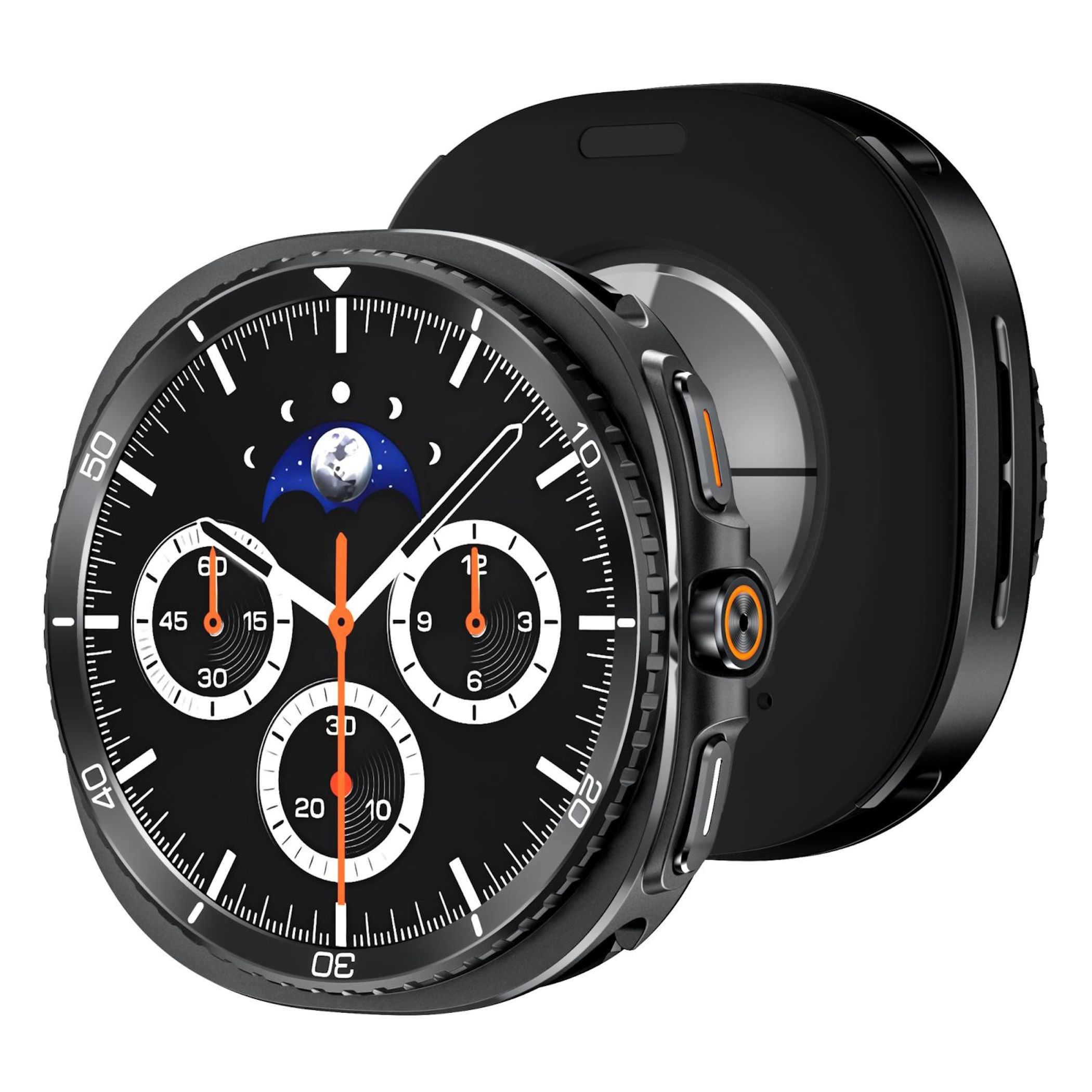 Uno smartwatch nero con quadrante complesso con fasi lunari e cronografi.
