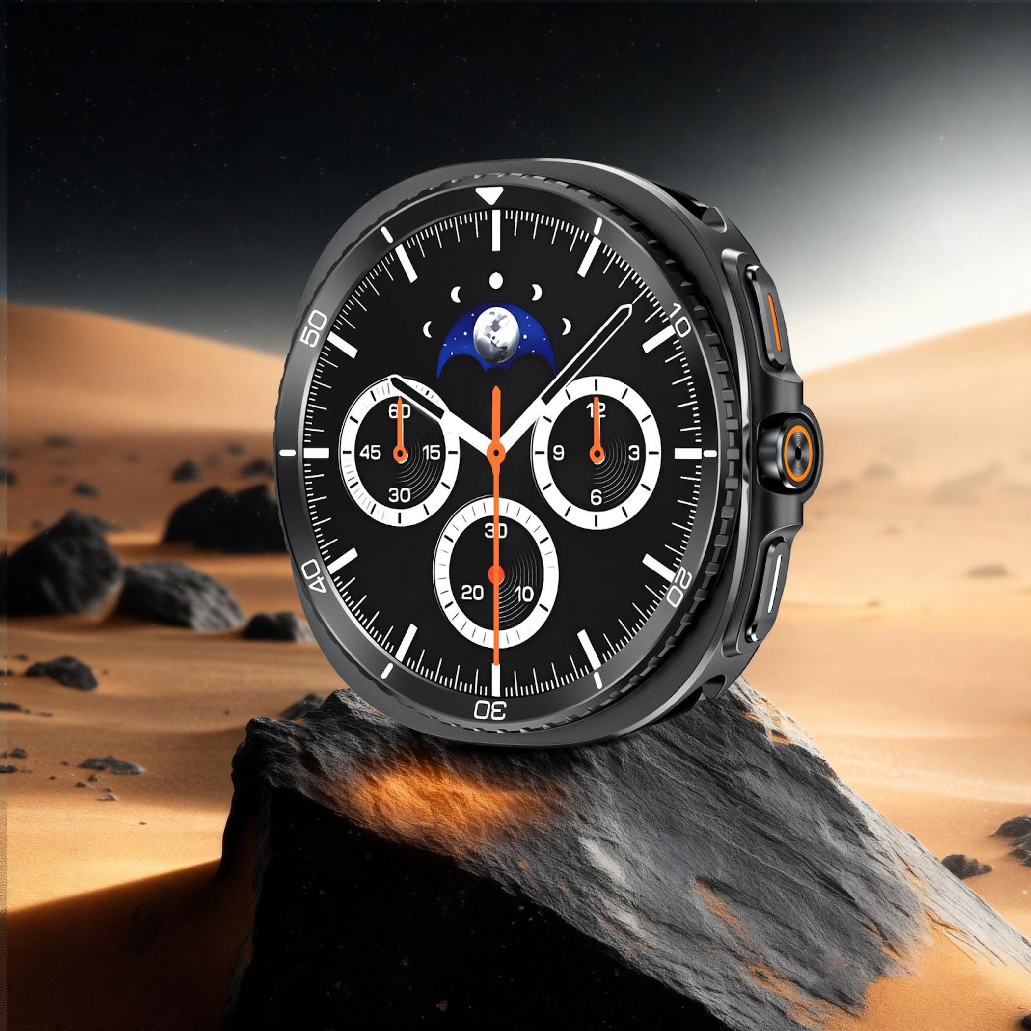 Un orologio nero con lancette argentate su una roccia nella sabbia