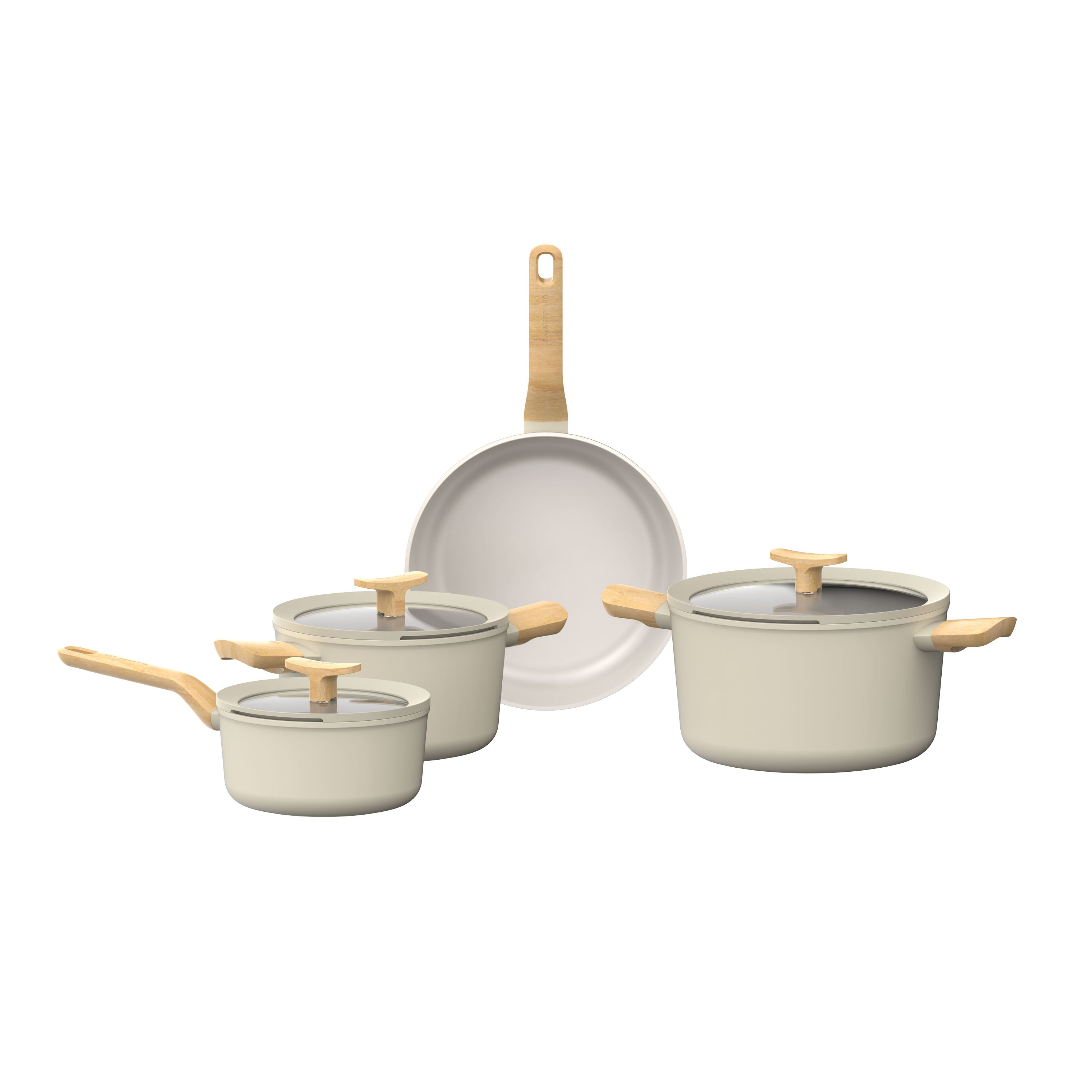 A cookware set of light beige pots and a pan with wooden handles.