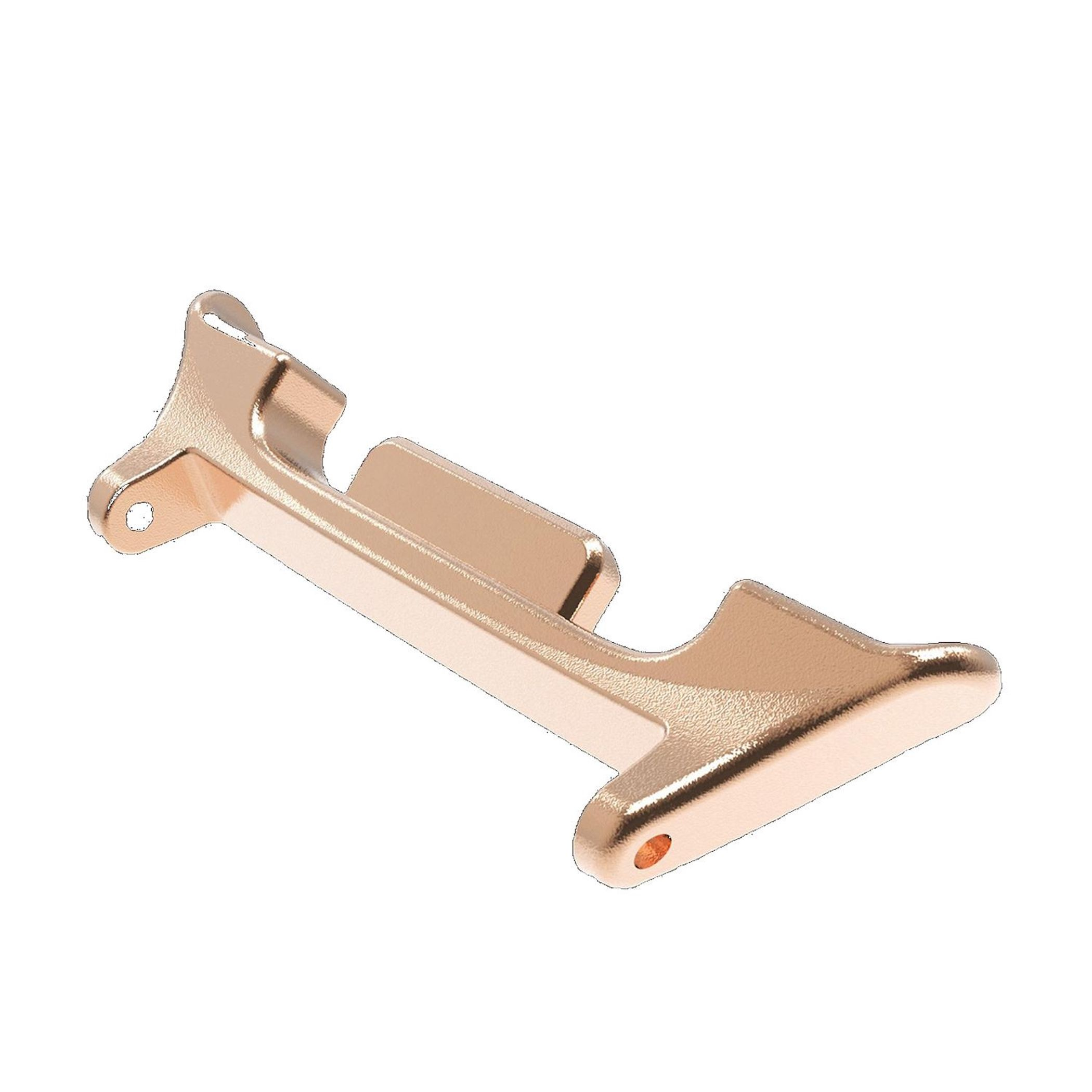 Ein bronzefarbener, metallischer Halterungsteil mit zwei Löchern an den Enden.