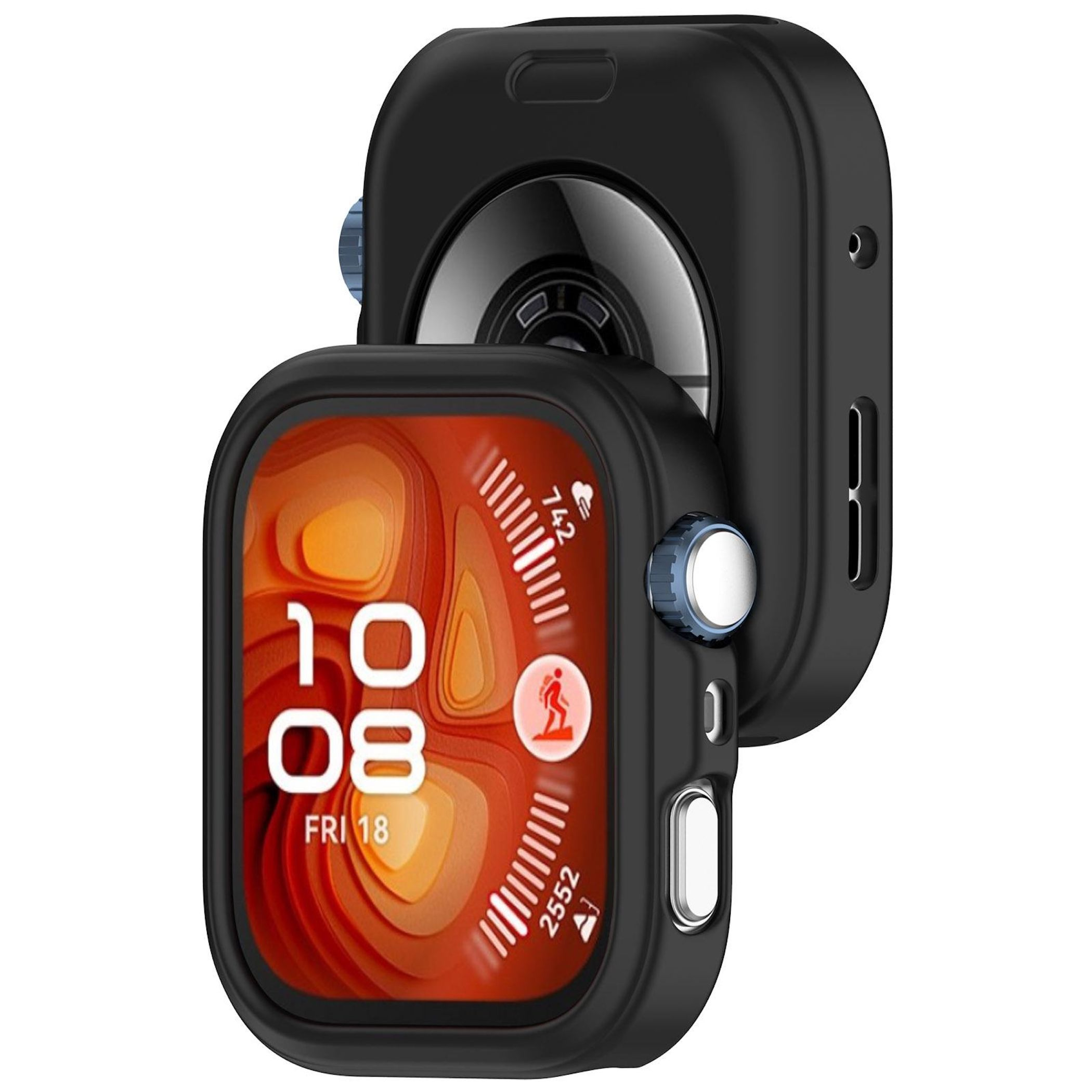 Custodia protettiva nera per smartwatch con quadrante arancione. Mostra le 10:08.