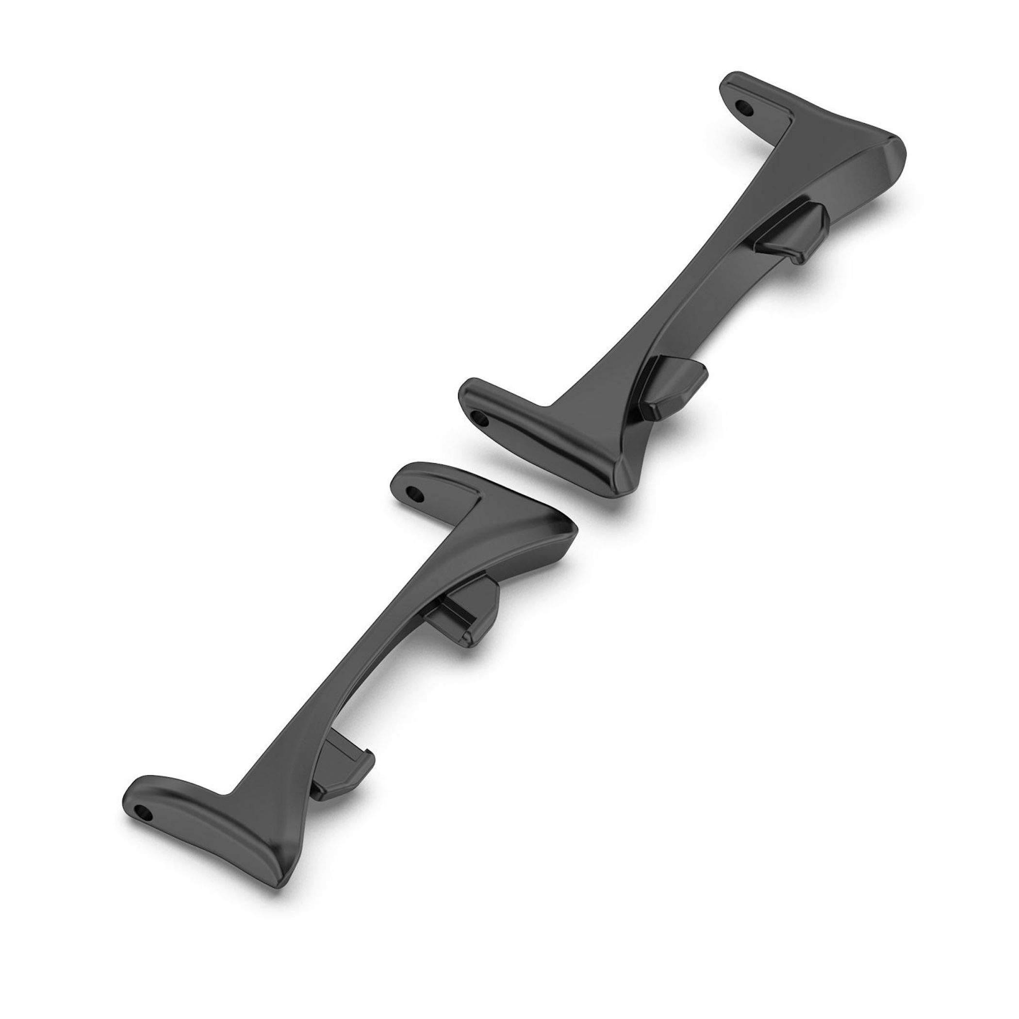 Zwei schwarze, metallische Uhrenarmbandglieder mit Anschlüssen.