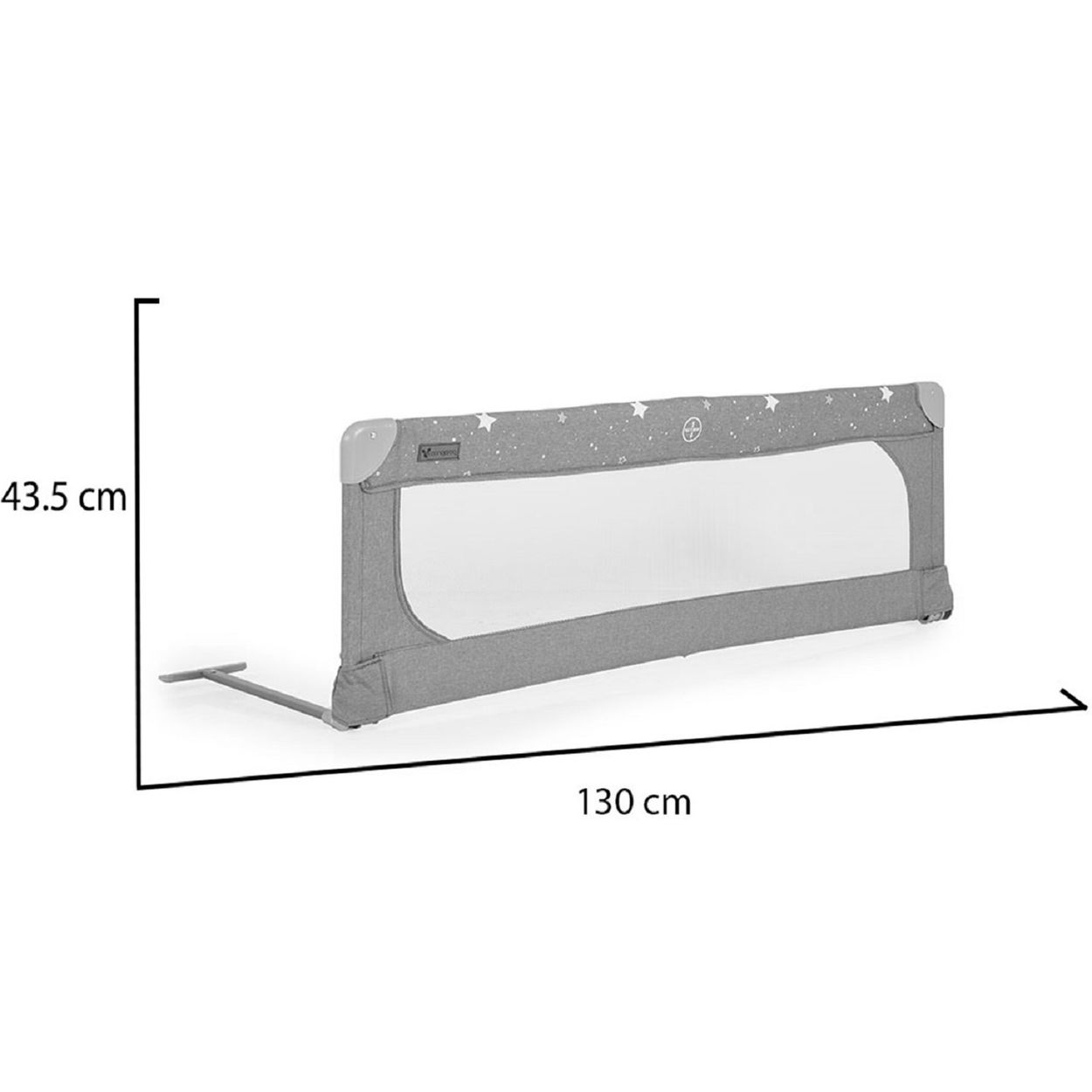 Grauer Bettgitter, 130 cm lang, 43,5 cm hoch, mit Sternenmuster.