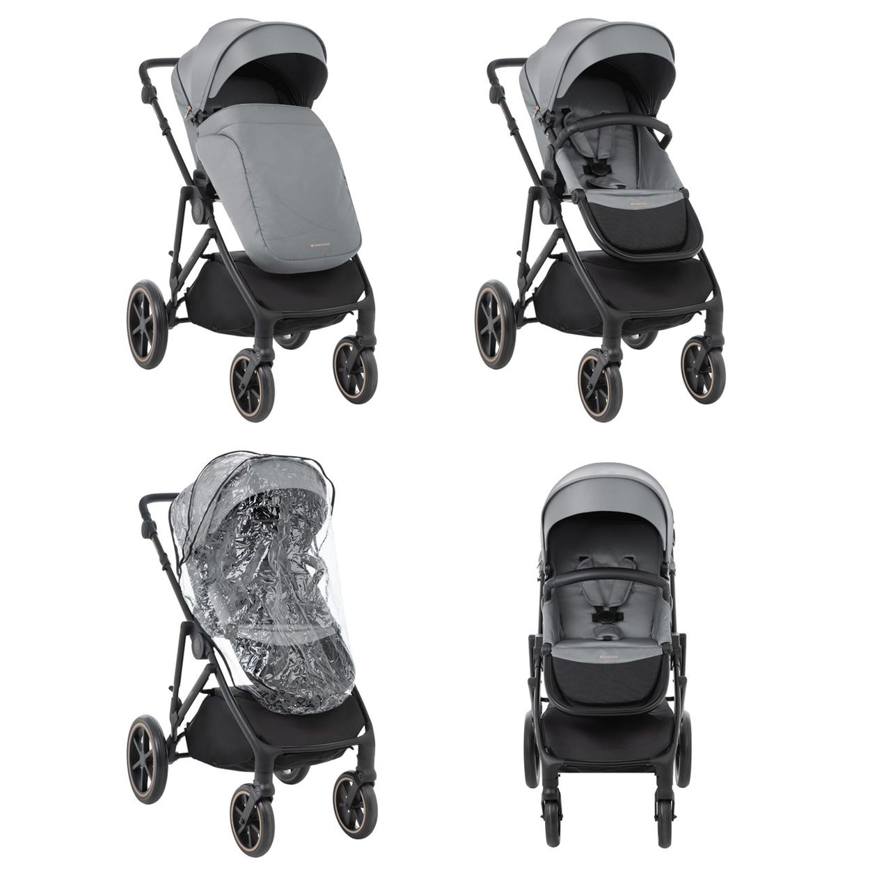Grauer Kinderwagen mit und ohne Regenhaube, von vorne und seitlich gezeigt.