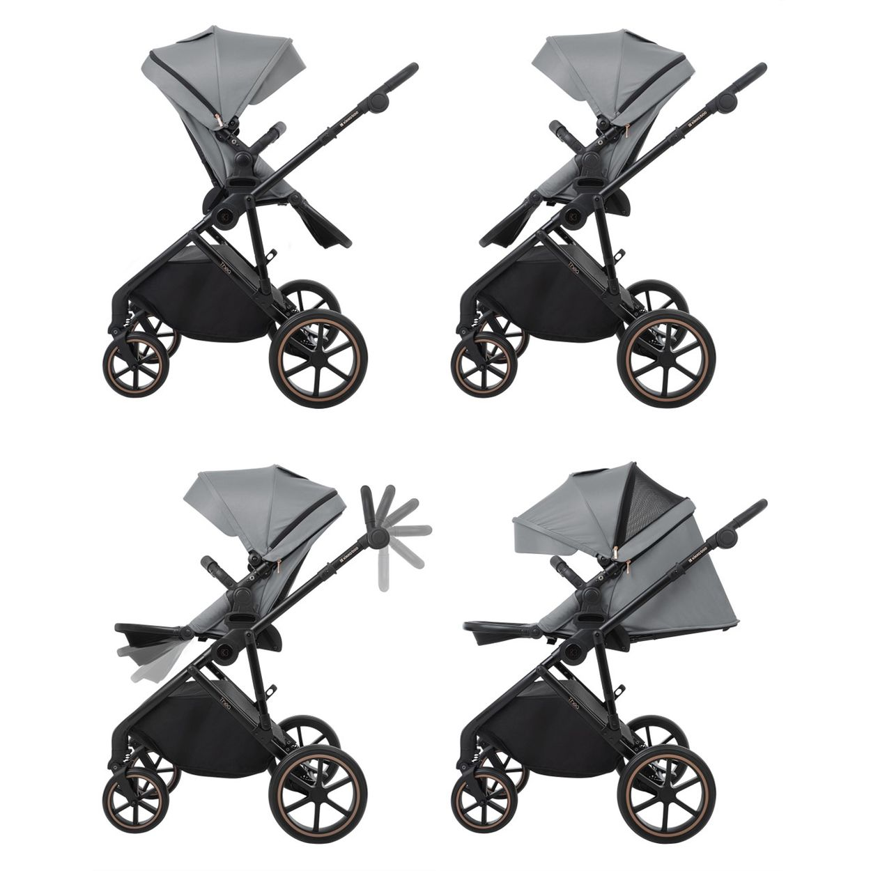 Vier Ansichten eines grauen Kinderwagens mit schwarzen Rädern und Verdeck.
