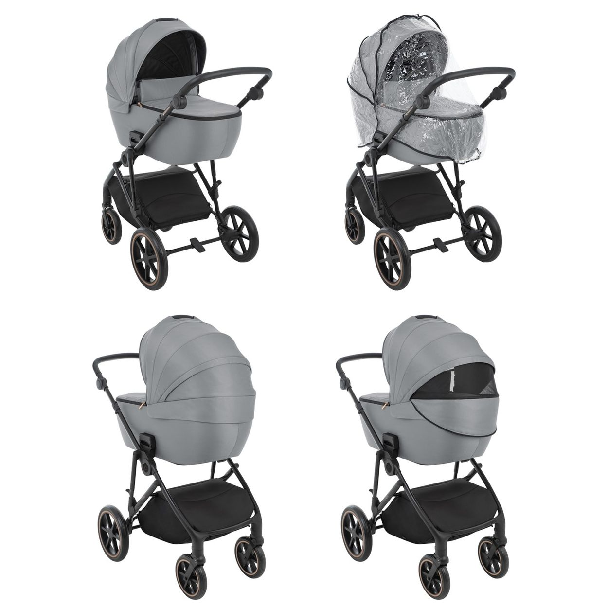 Grauer Kinderwagen mit Haube und Regenschutz, vier Räder.