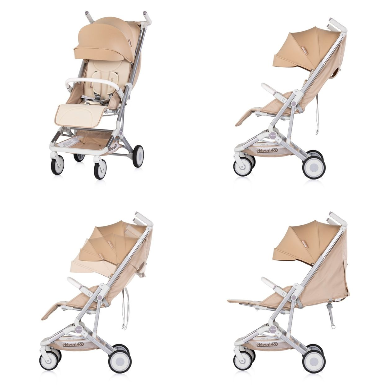 Ein beiger Kinderwagen mit vier Rädern und einem Sonnendach.