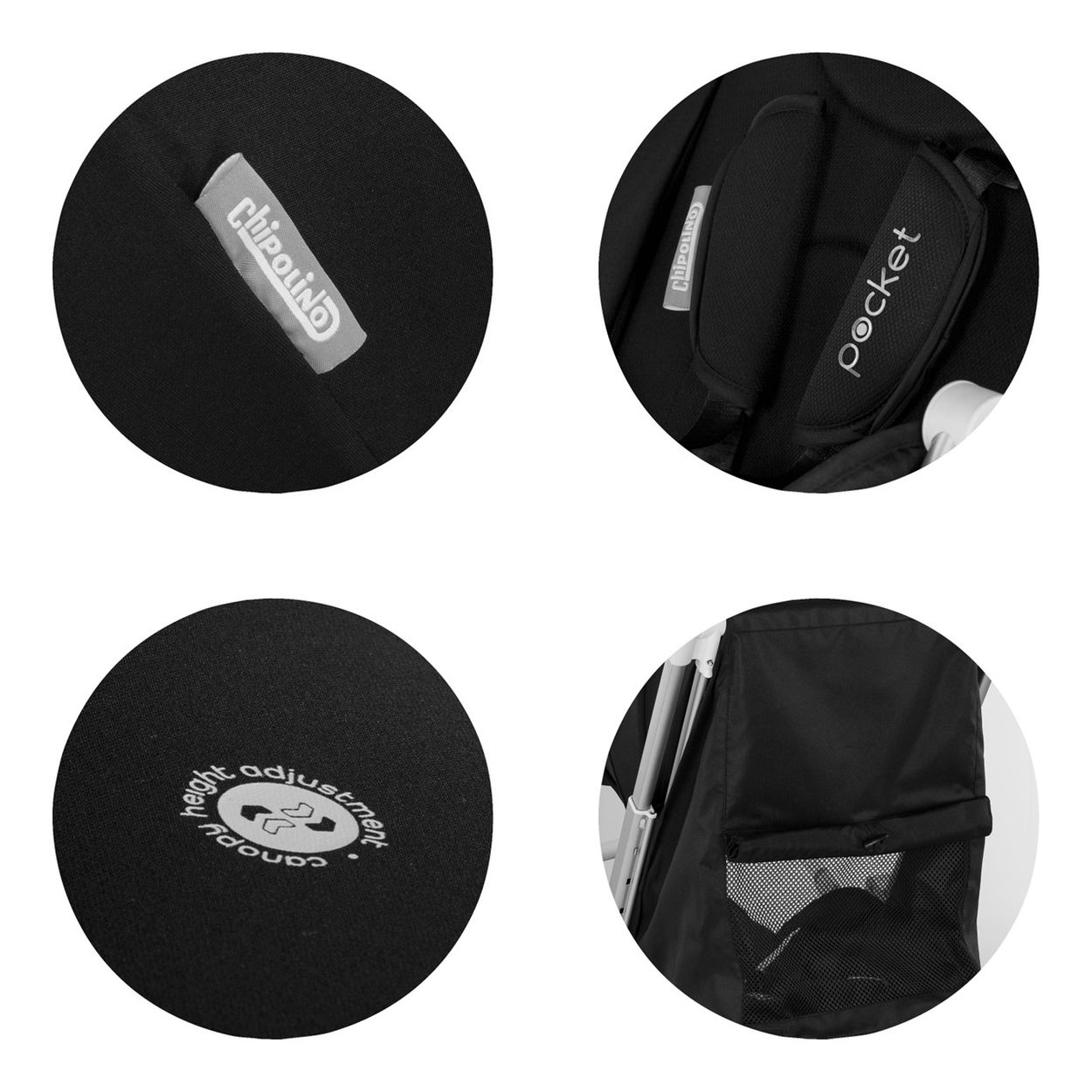 Vier Kreise zeigen Details eines schwarzen Kinderwagens: Logo, Sitz, Höhenverstellung, Tasche.