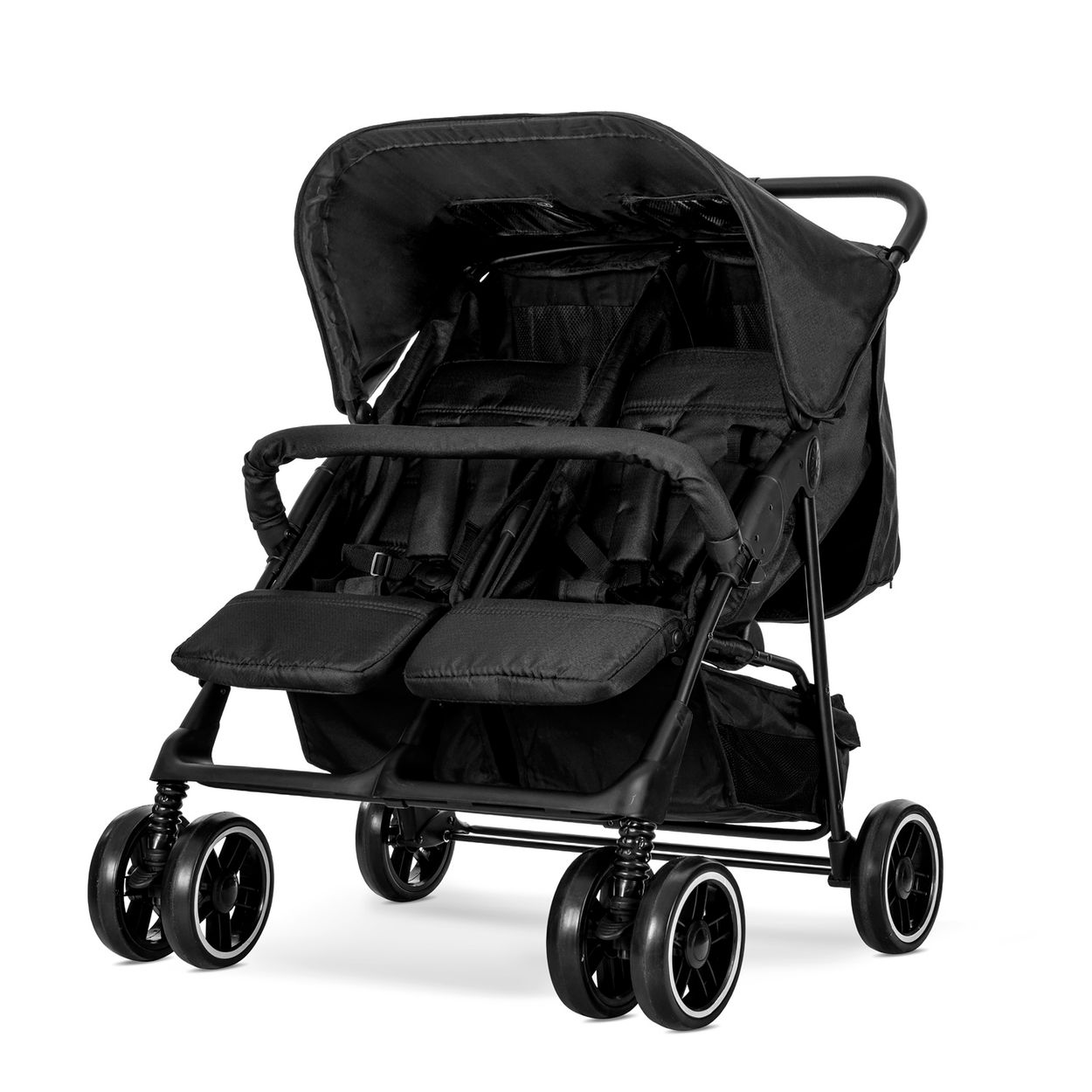 Ein schwarzer Zwillingskinderwagen mit zwei Sitzen, Verdeck und Rädern.