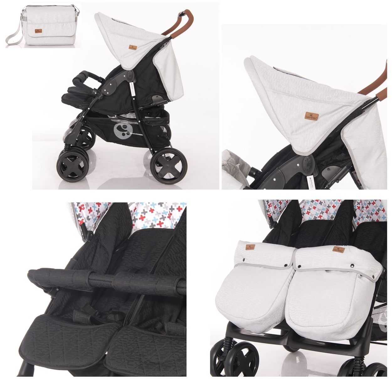 Ein Kinderwagen mit passender Wickeltasche, im Detail gezeigt.