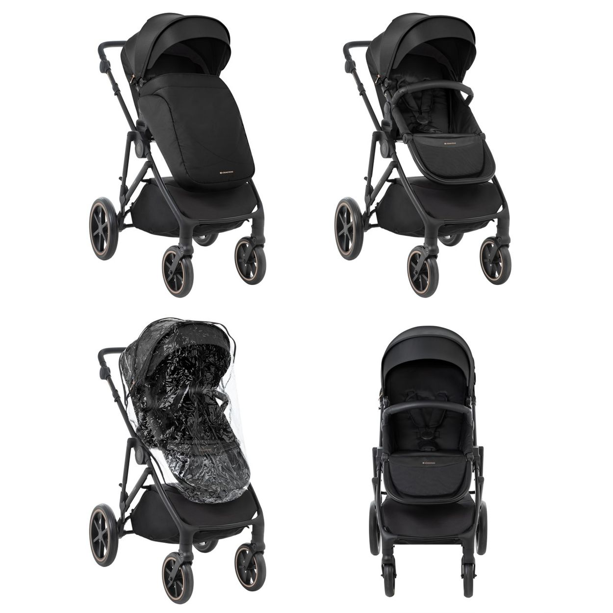 Vier schwarze Kinderwagenansichten: mit Haube, offen, mit Regenverdeck, front.