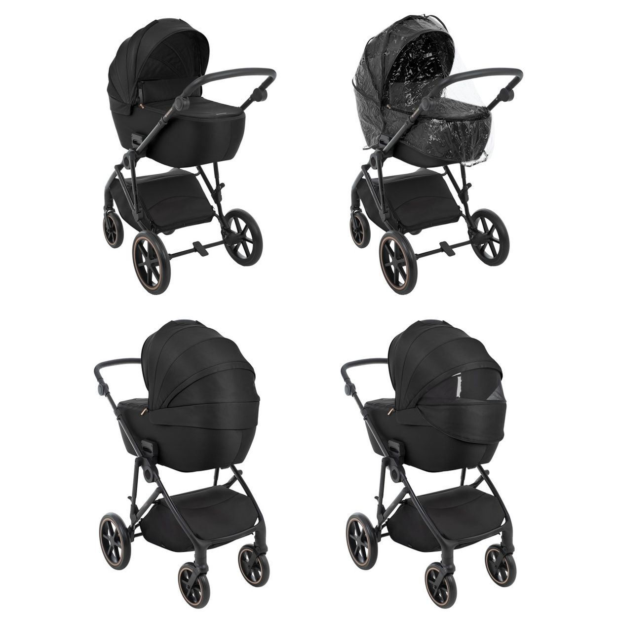Vier schwarze Kinderwagen mit unterschiedlichen Abdeckungen auf weißem Hintergrund.