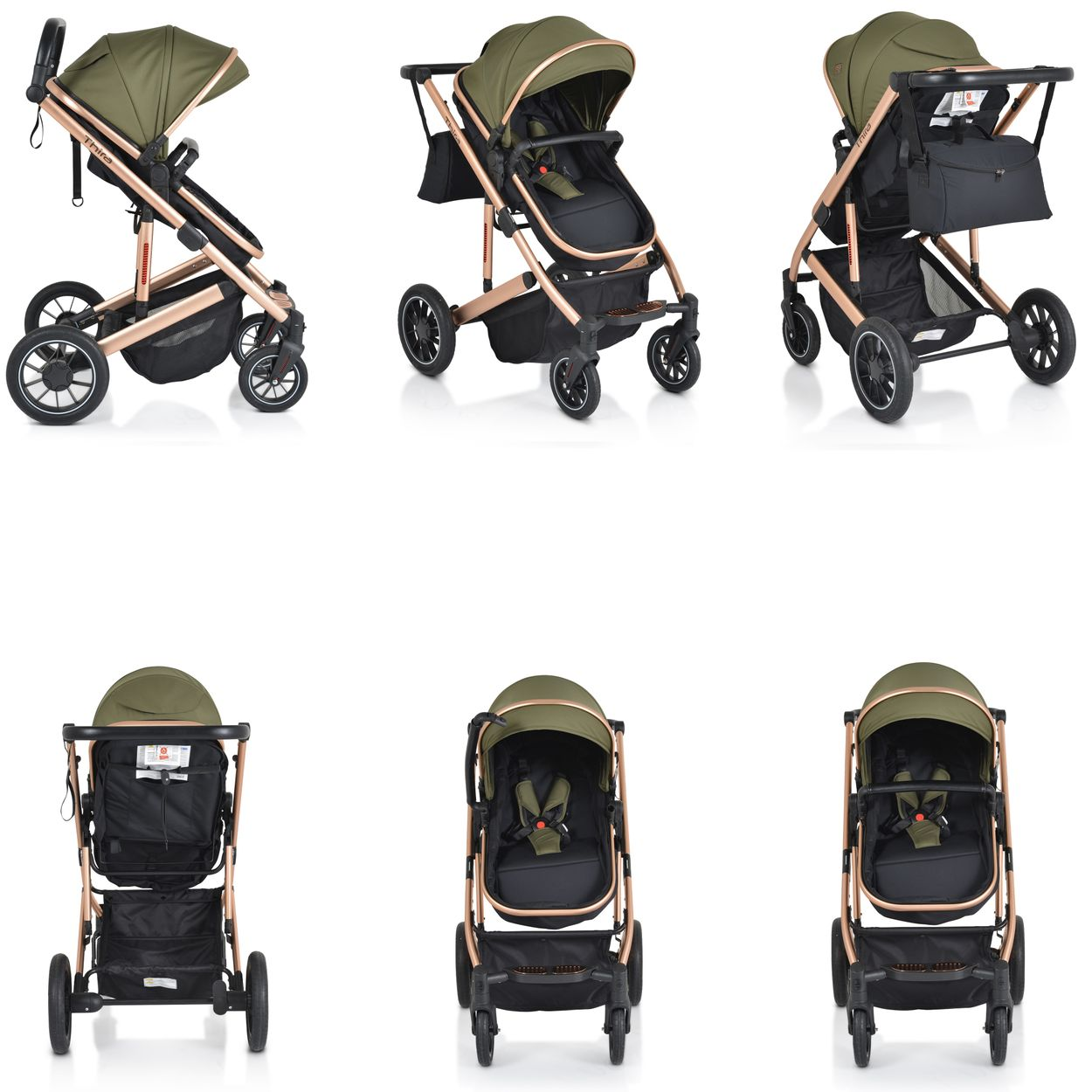 Ein Khaki-Kinderwagen mit goldenem Rahmen, von vorne und Seite gezeigt.
