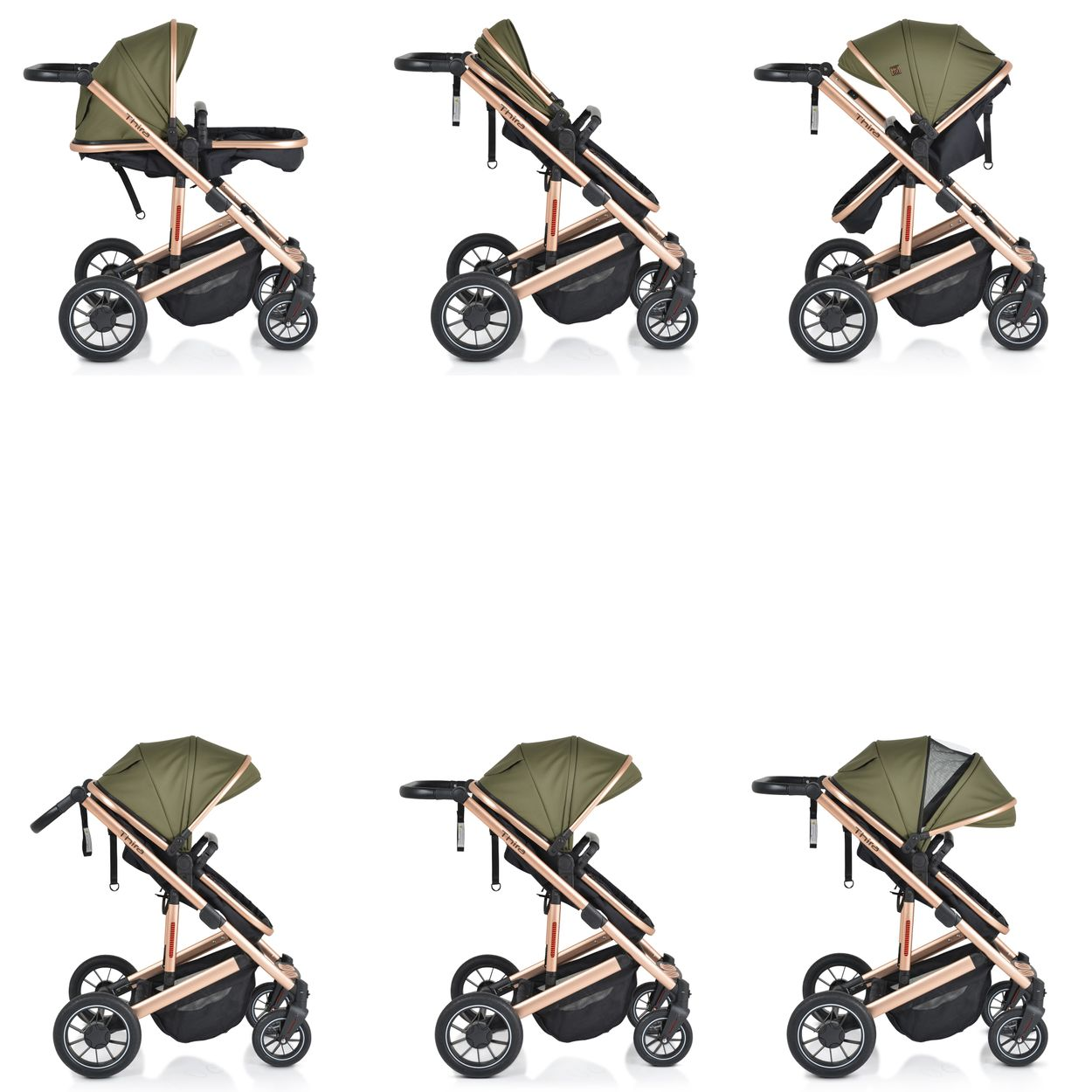 Ein Kinderwagen mit khaki-grünem Verdeck und roségoldfarbenem Rahmen.