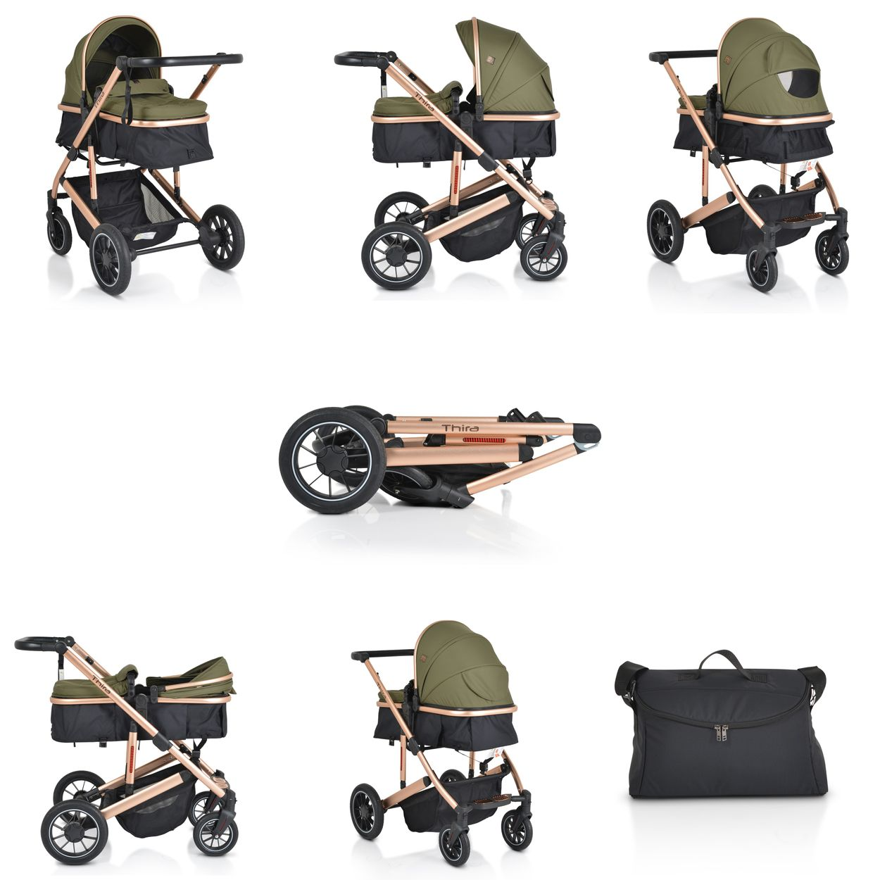 Ein zusammenklappbarer Kinderwagen in Khaki mit roségoldfarbenem Rahmen.