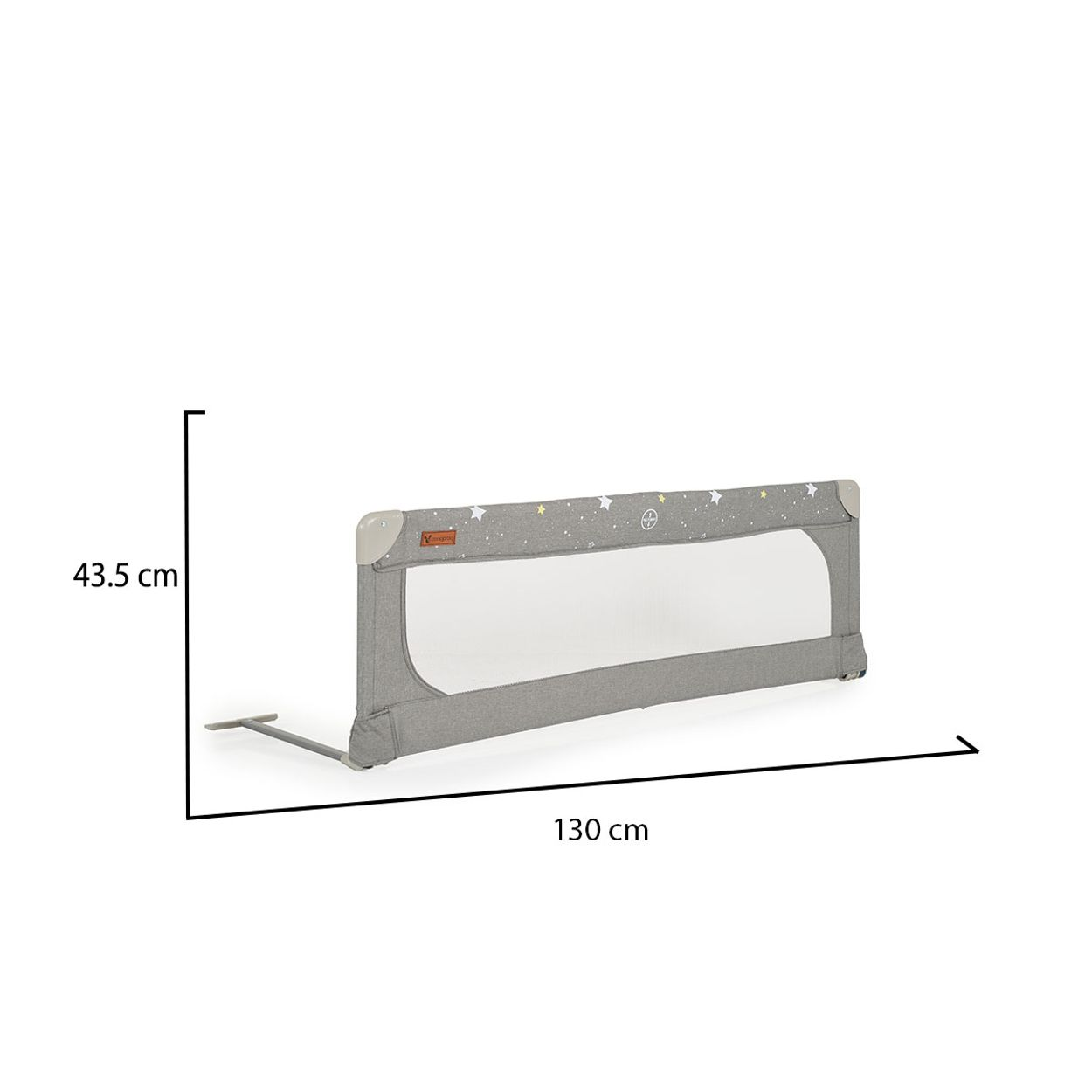 Grauer Bettgitter mit Sternenmuster, 130 cm breit, 43,5 cm hoch.