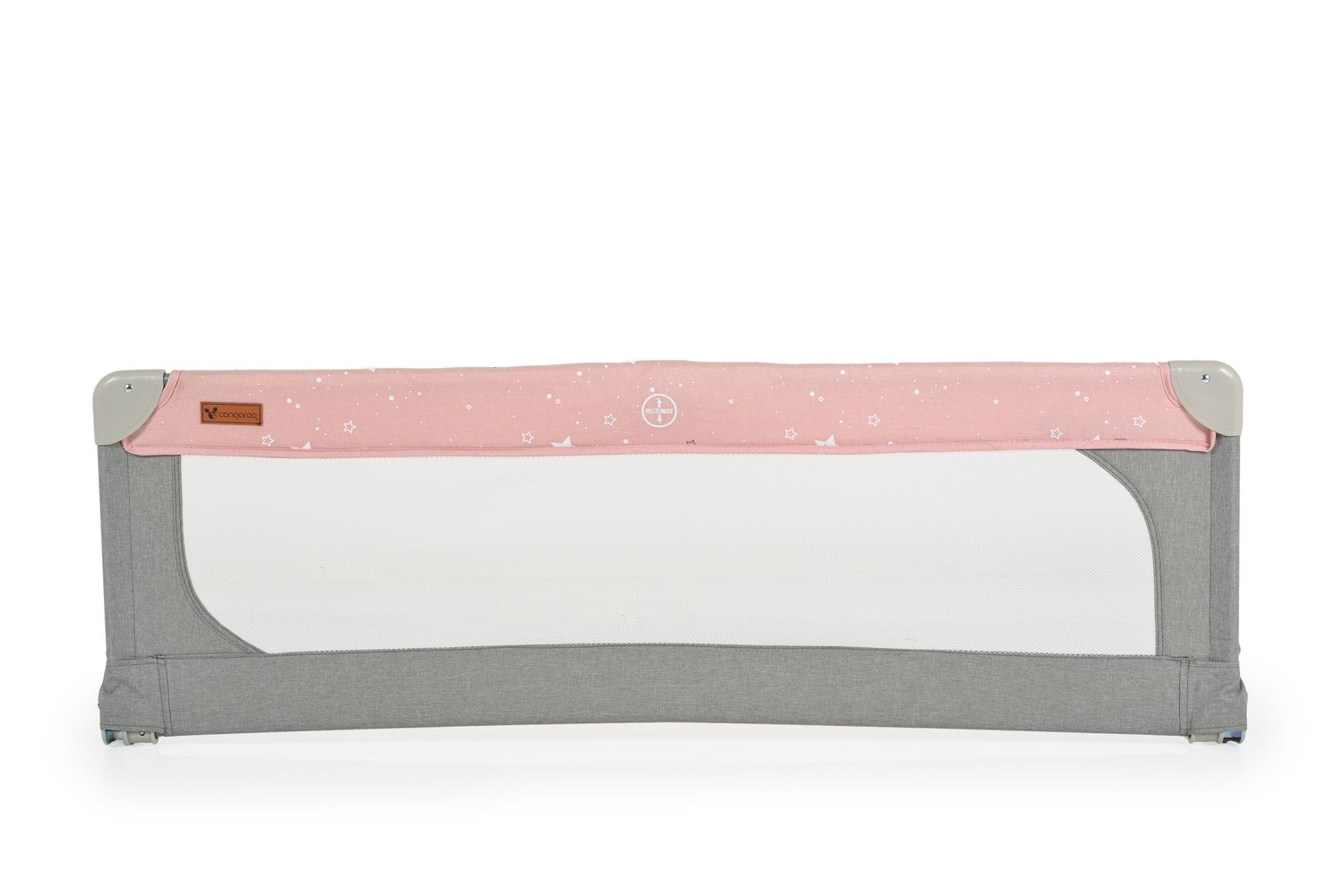Ein rosa Bettgitter mit Sternenmotiv und grauem Stoff.