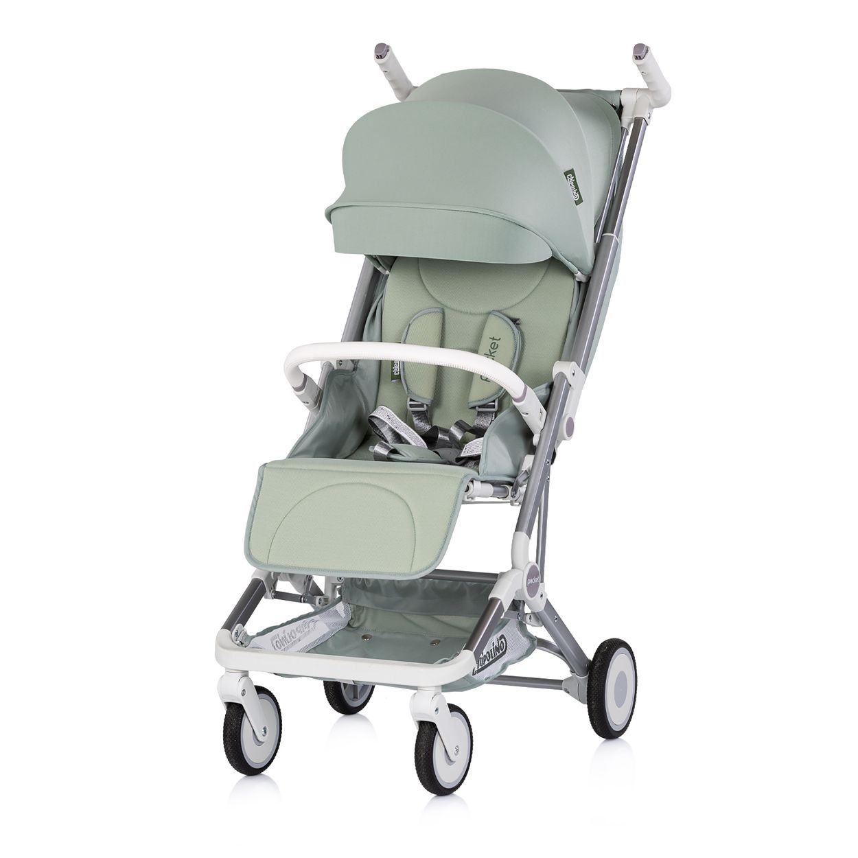 Ein leichter, mintgrüner Kinderwagen mit silbernem Rahmen und verstellbarem Verdeck.