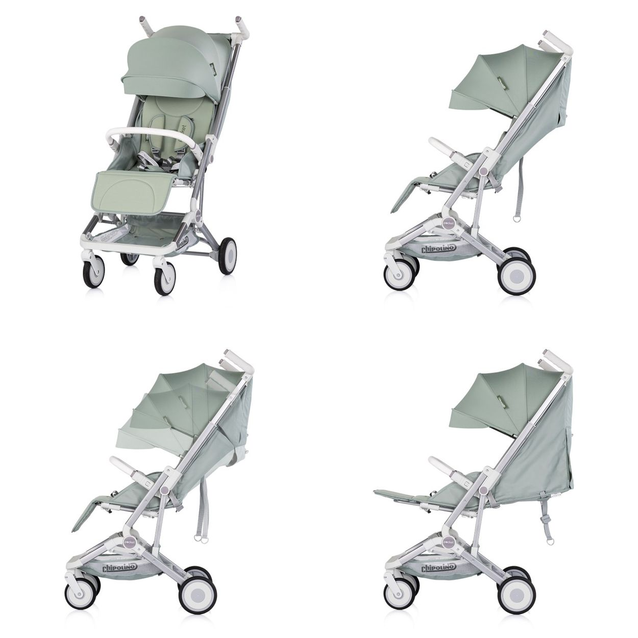 Ein leichter, mintgrüner Kinderwagen mit Verdeck und Gurten.