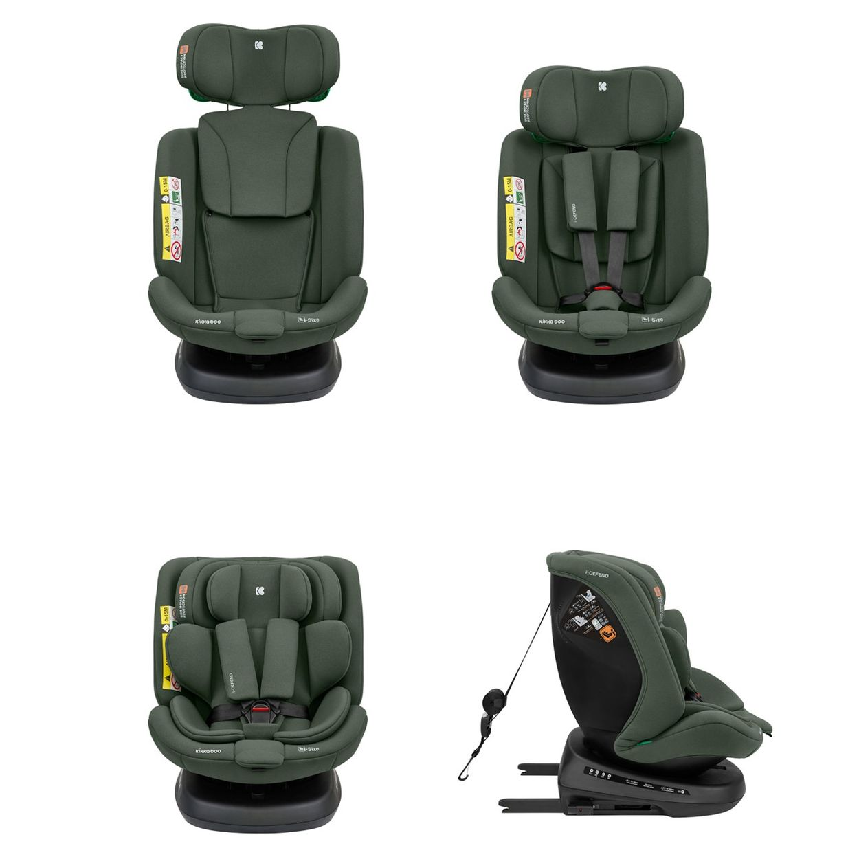 Silla de coche verde oscuro con reposacabezas, arneses y base.
