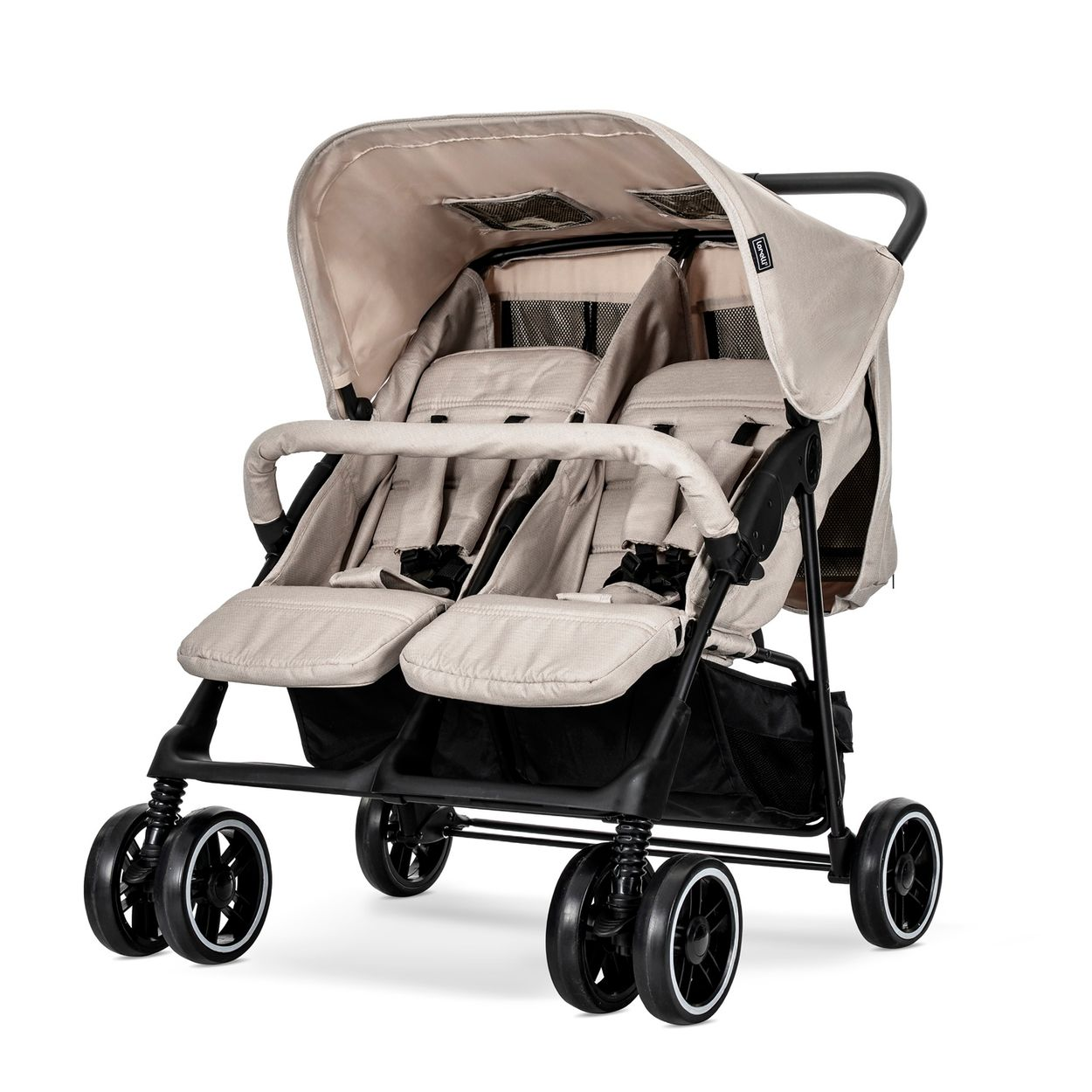 Ein beiger Zwillingskinderwagen mit zwei Sitzen, verstellbarem Verdeck und schwarzem Gestell.