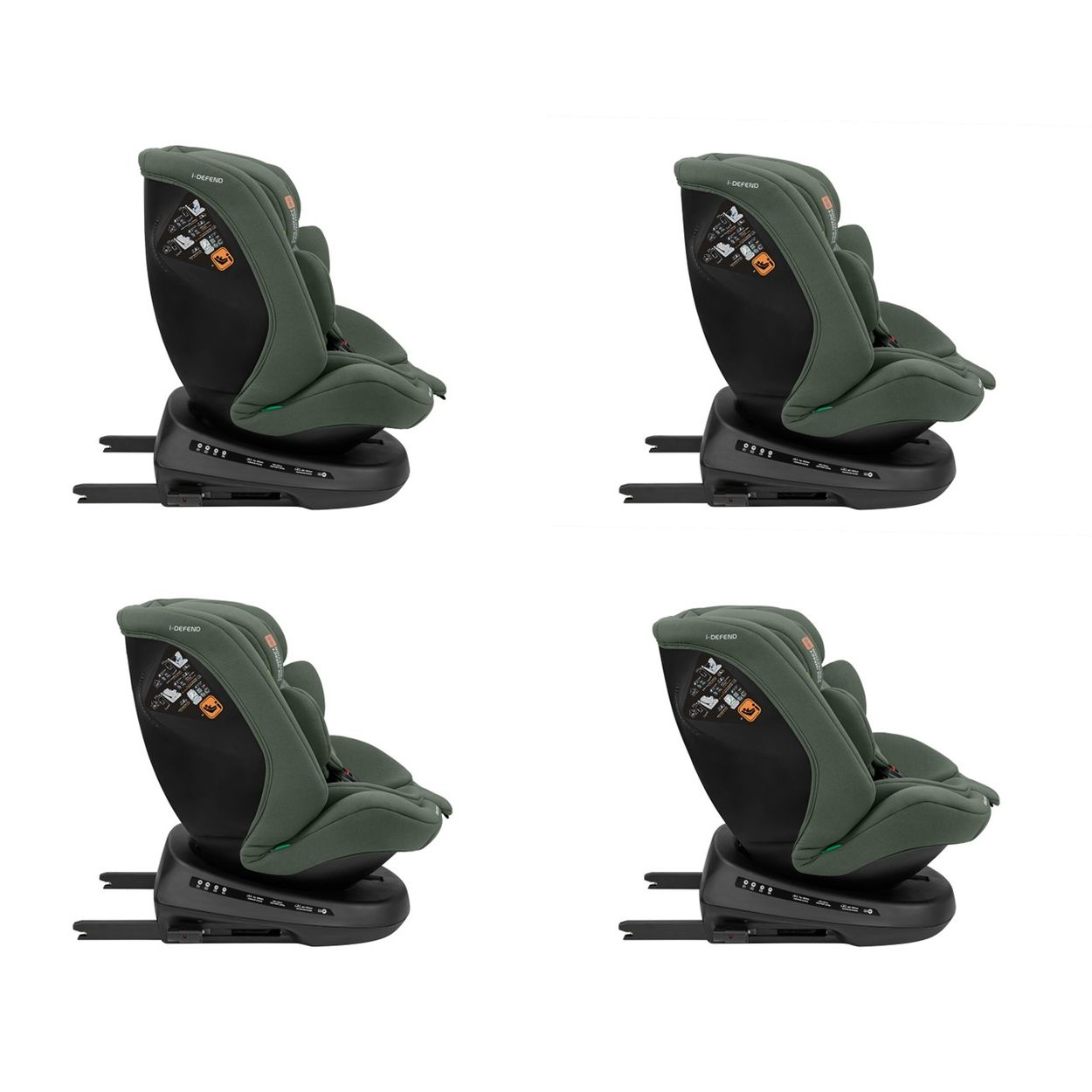 Un asiento infantil verde con base negra y mecanismos de ajuste.