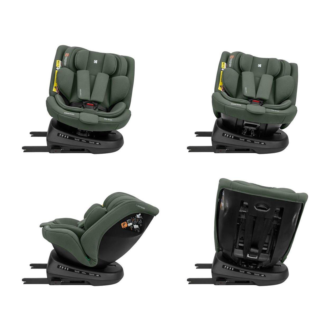 Silla de coche verde con arnés de 5 puntos, montada sobre base negra.