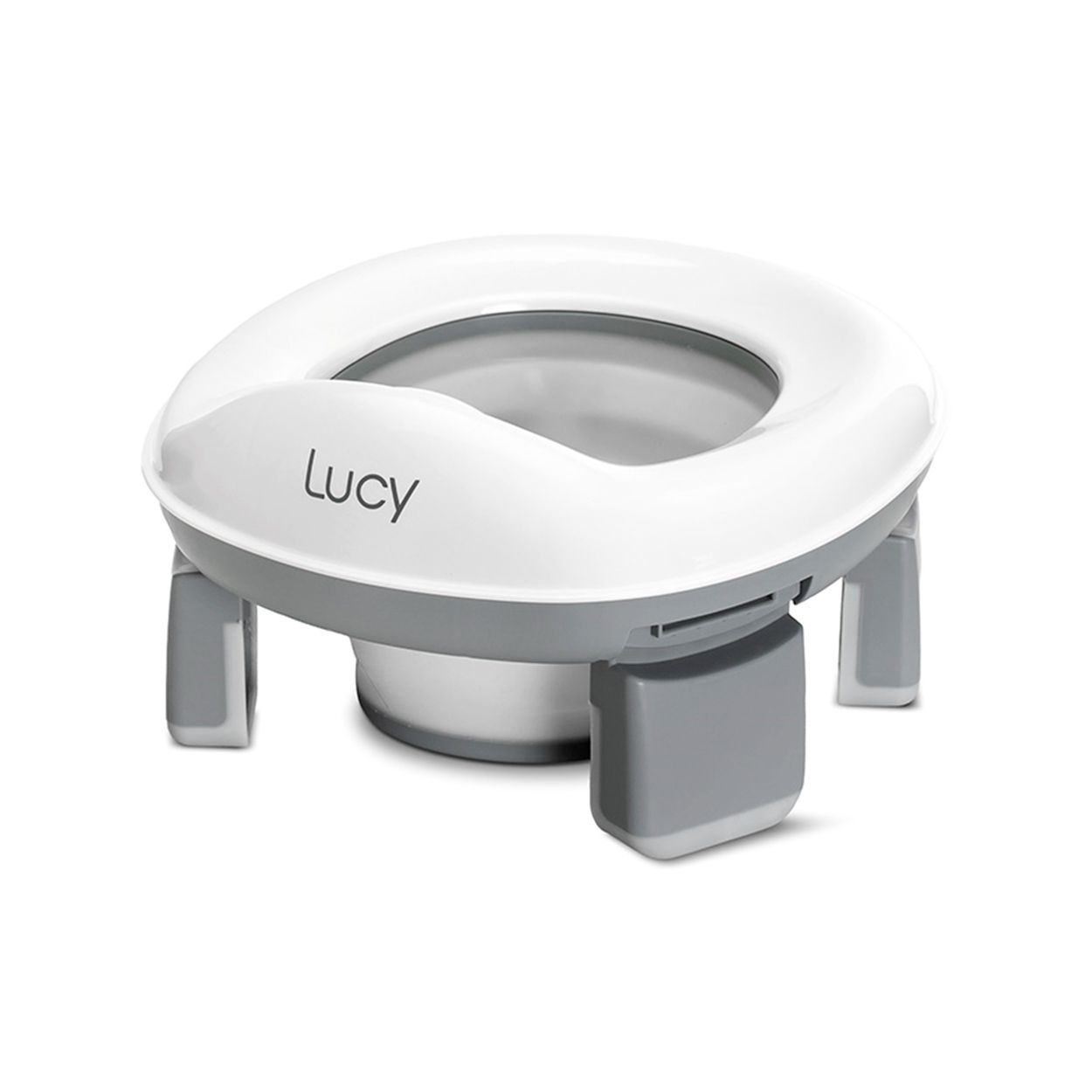 Ein weißer und grauer Töpfchen mit dem Namen "Lucy".