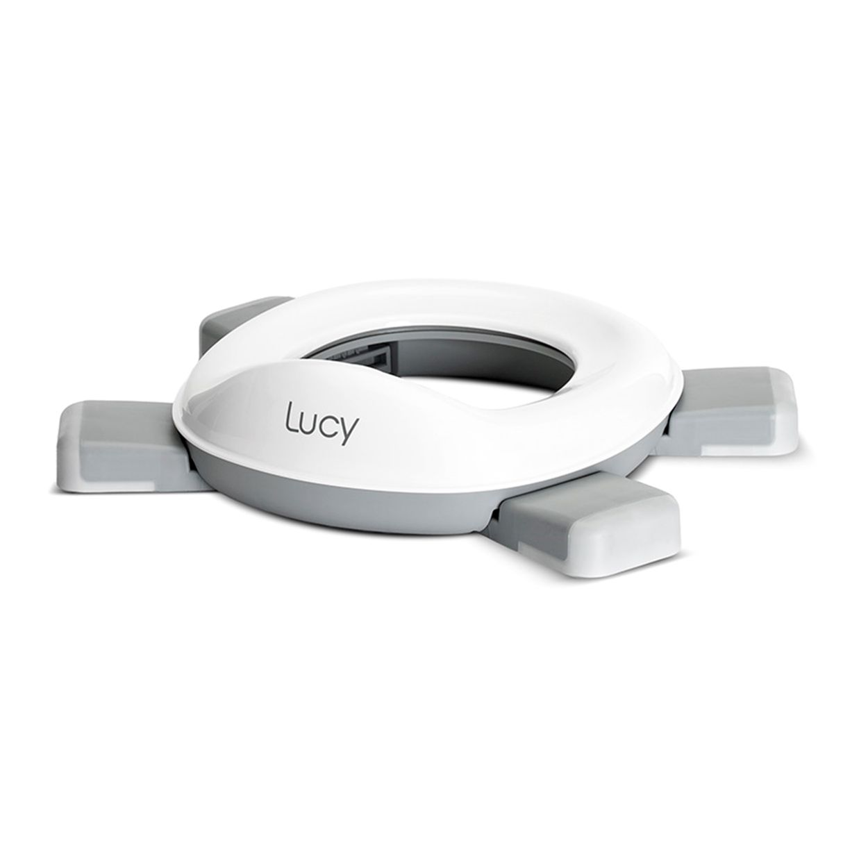 Weißer und grauer Toilettensitz mit dem Namen "Lucy" darauf.