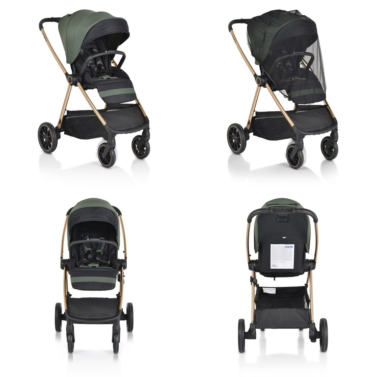 Ein grüner Kinderwagen mit goldenem Rahmen, Ansicht von vorne, Seite und hinten.