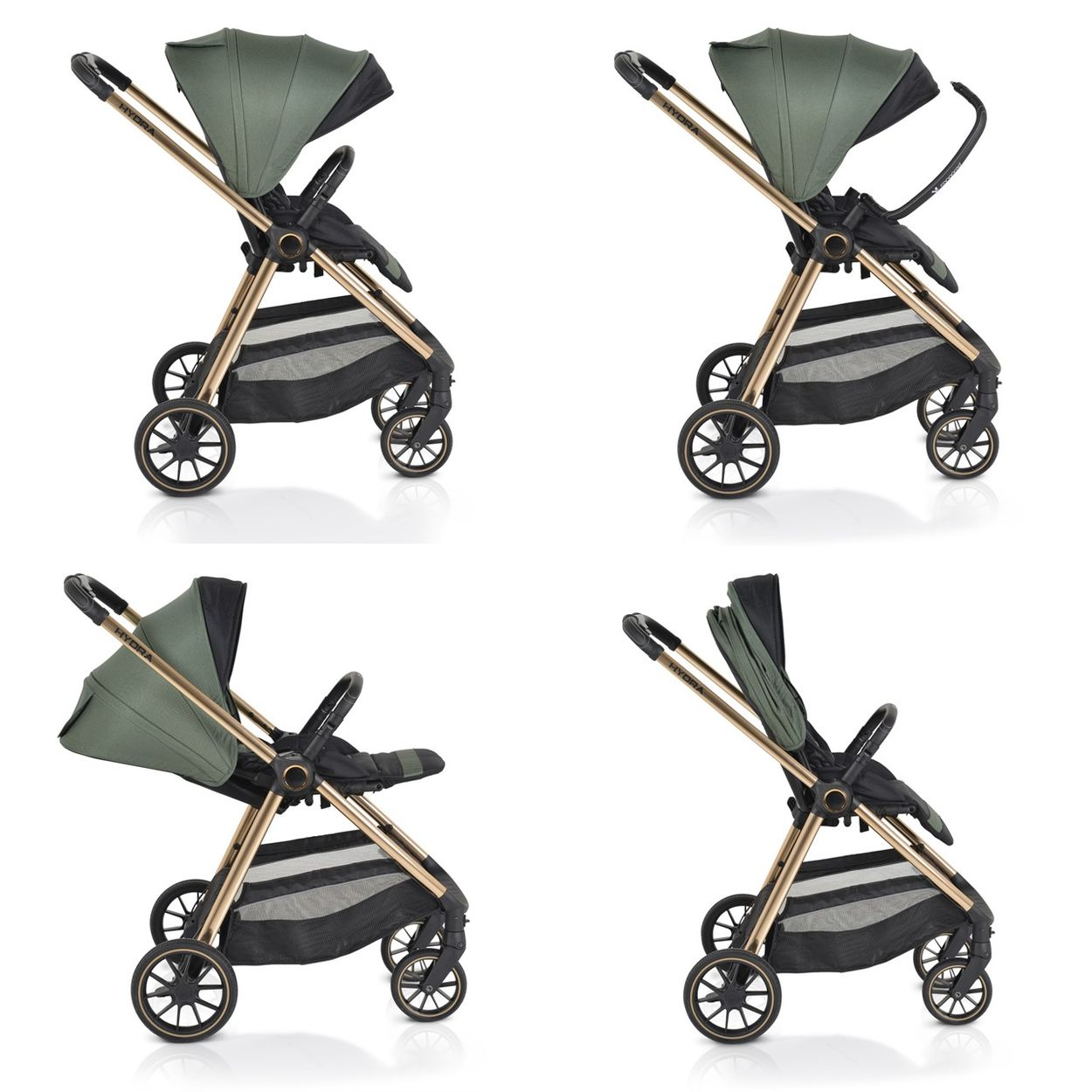 Ein grüner Kinderwagen mit goldenem Gestell und schwarzen Rädern.