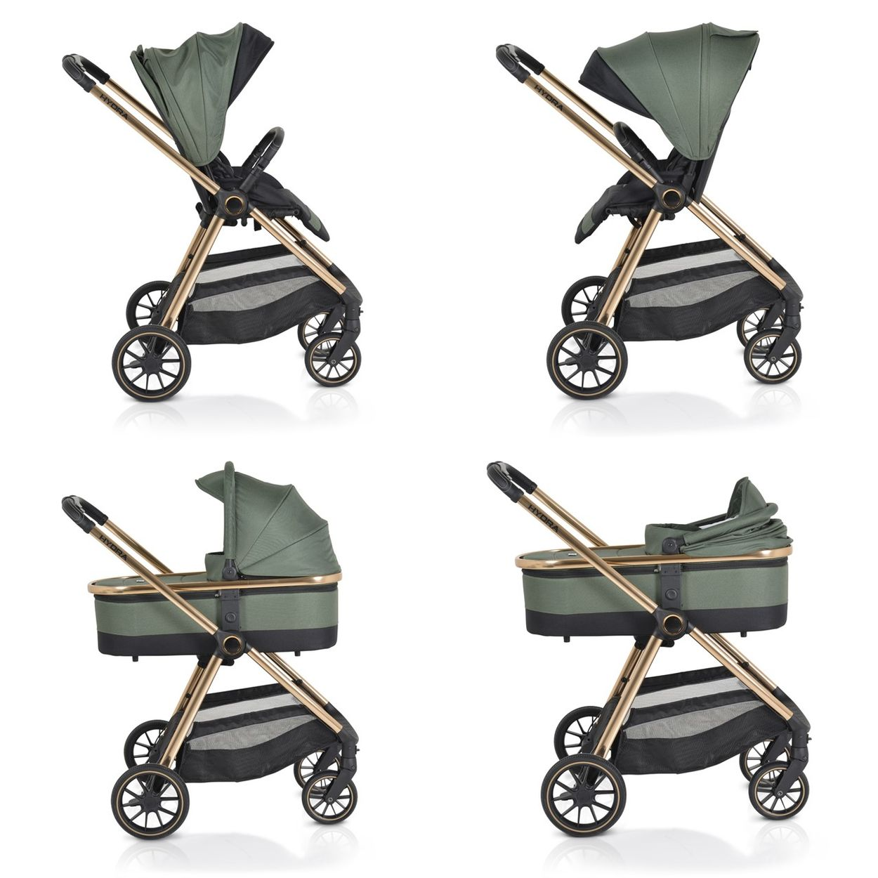 Ein grüner Kinderwagen mit goldenem Rahmen, aufgeteilt in vier Ansichten.