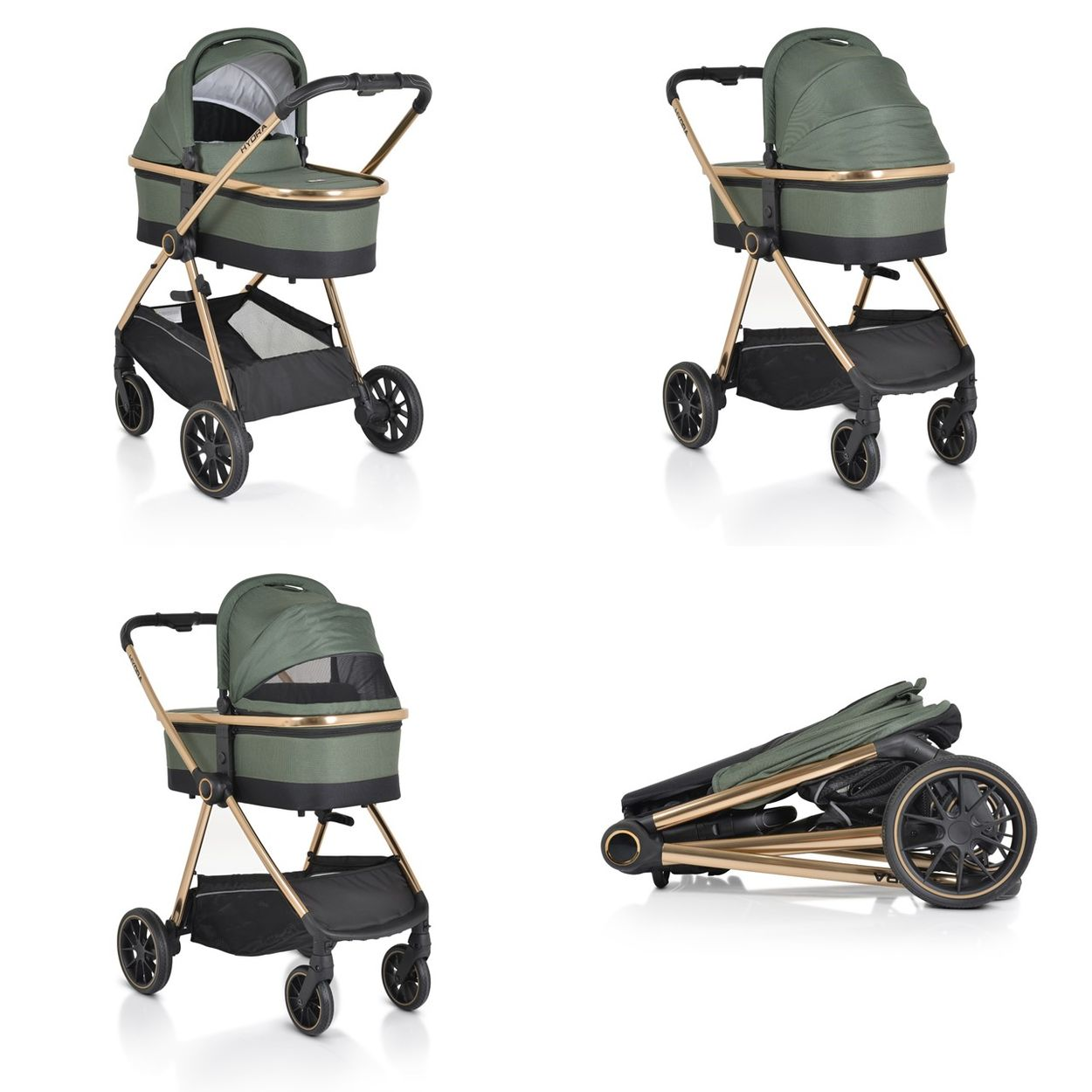 Ein grüner Kinderwagen mit goldenem Rahmen, zusammengeklappt.