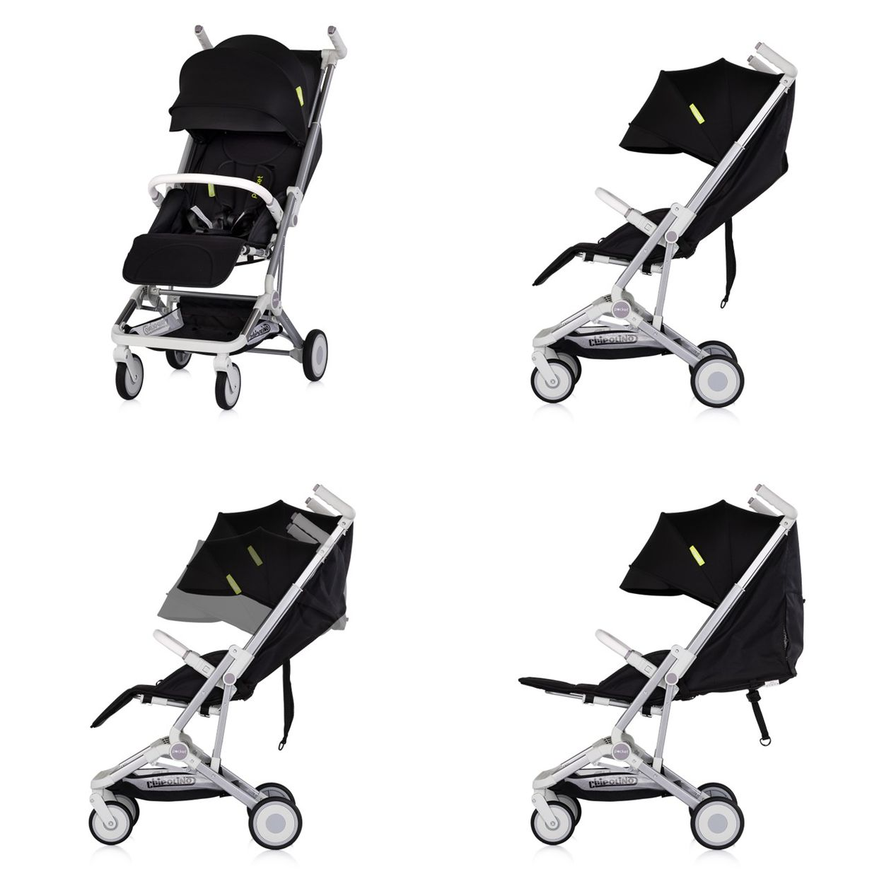 Ein leichter schwarzer Kinderwagen mit silbernem Gestell und hellgrünem Detail.