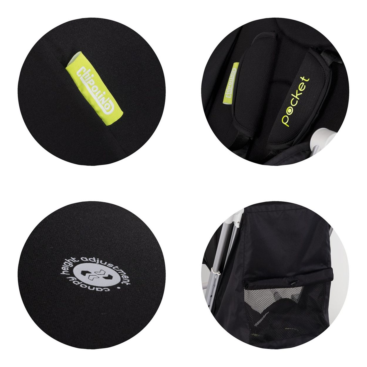 Nahaufnahme eines schwarzen Kinderwagens mit Details wie Logo und Tasche.