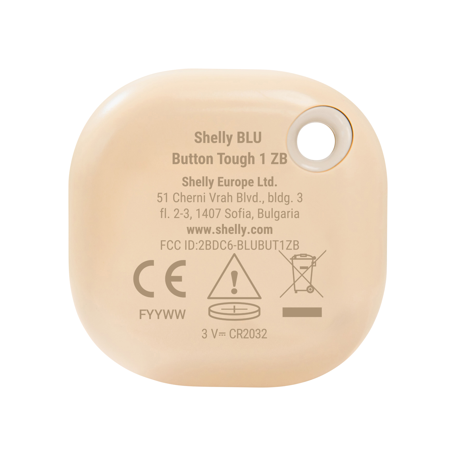 Un Shelly BLU Button Tough 1 ZB beige con marchio CE, avviso, batteria e simbolo di smaltimento.