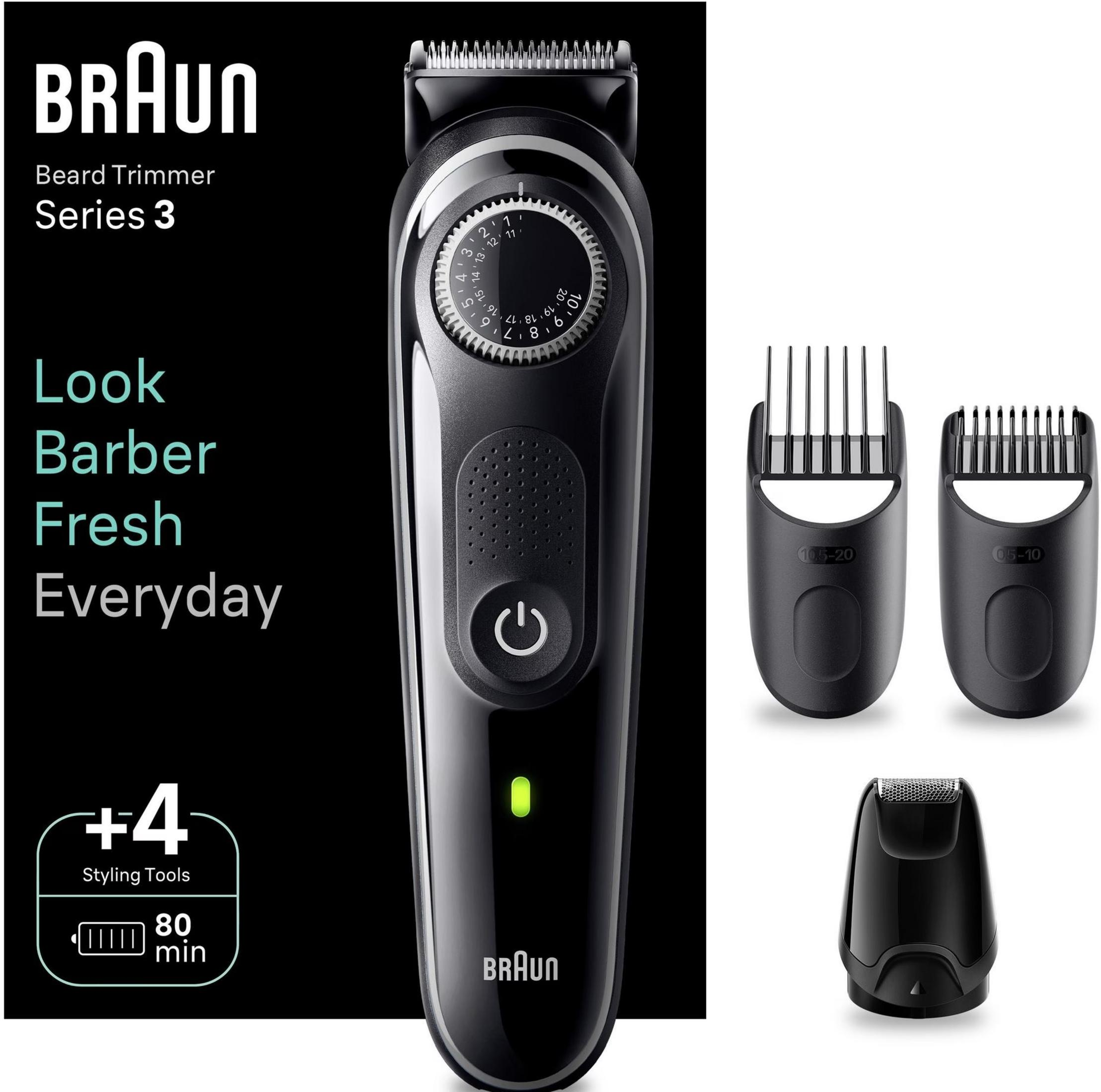 Ein schwarzer Braun Barttrimmer Series 3 mit Aufsätzen und einer Ladeanzeige.