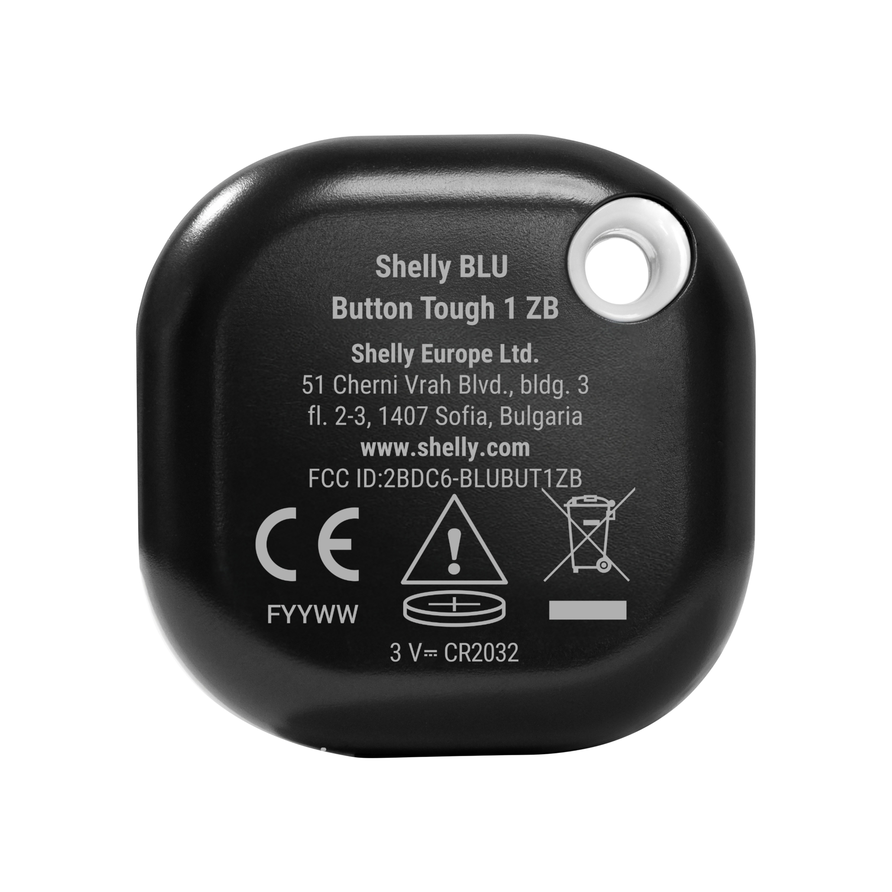 Pulsante Shelly BLU Tough 1 ZB nero con marchio CE e simbolo batteria.