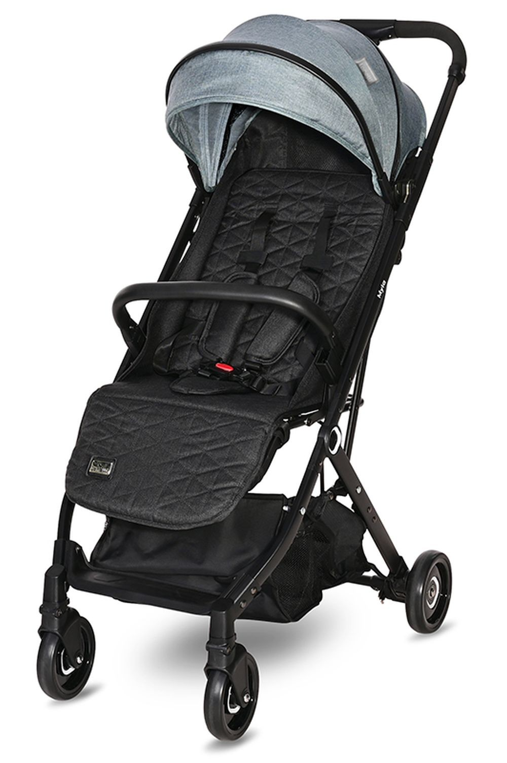 Ein schwarzer Kinderwagen mit grauem Verdeck und gepolsterter Sitzfläche.