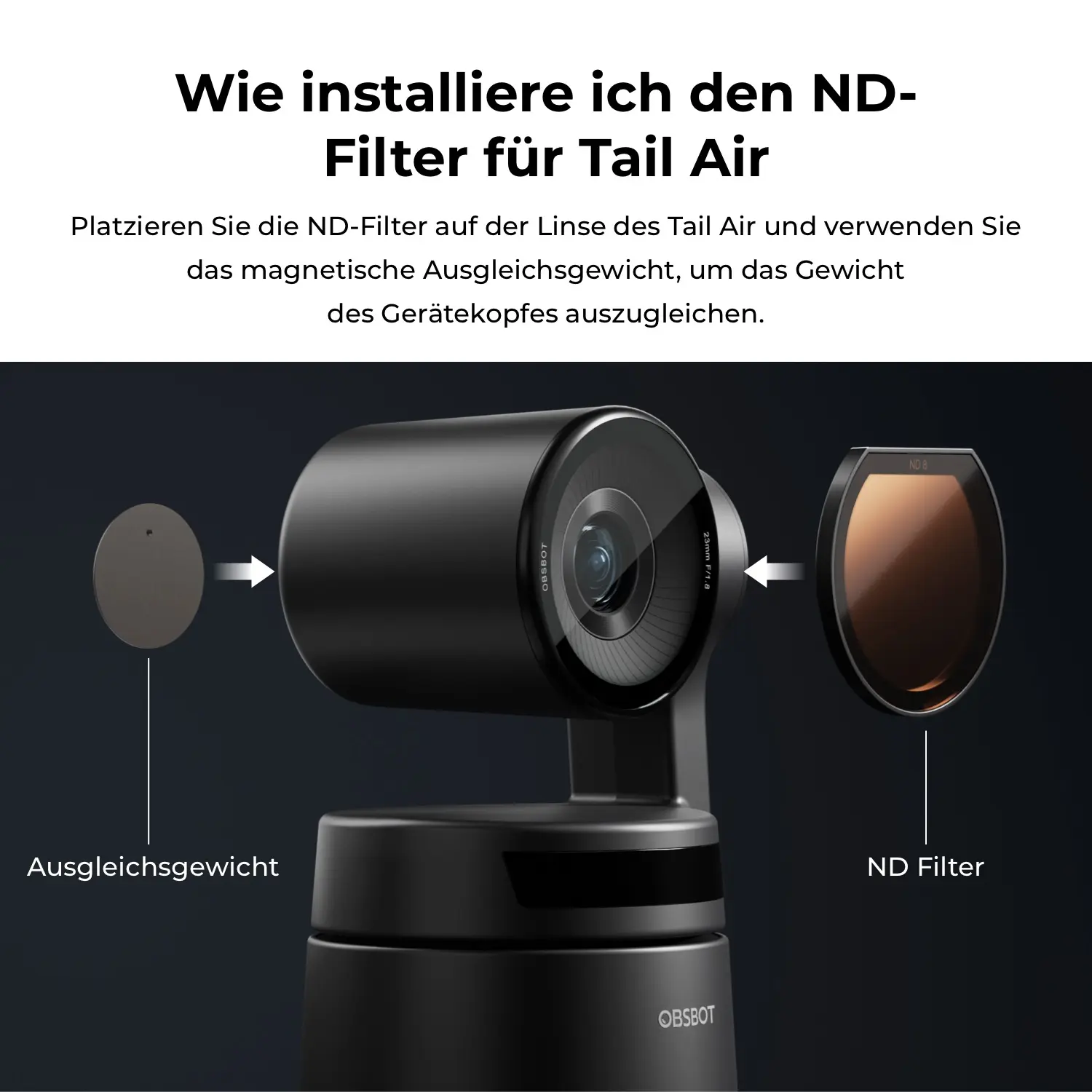 Montage von ND-Filter und Ausgleichsgewicht an OBSBOT Tail Air.