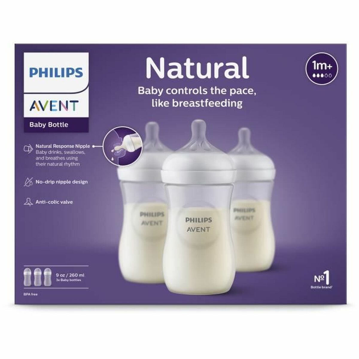 Philips Avent Babyflaschen-Set mit drei Flaschen und detaillierten Produktmerkmalen.