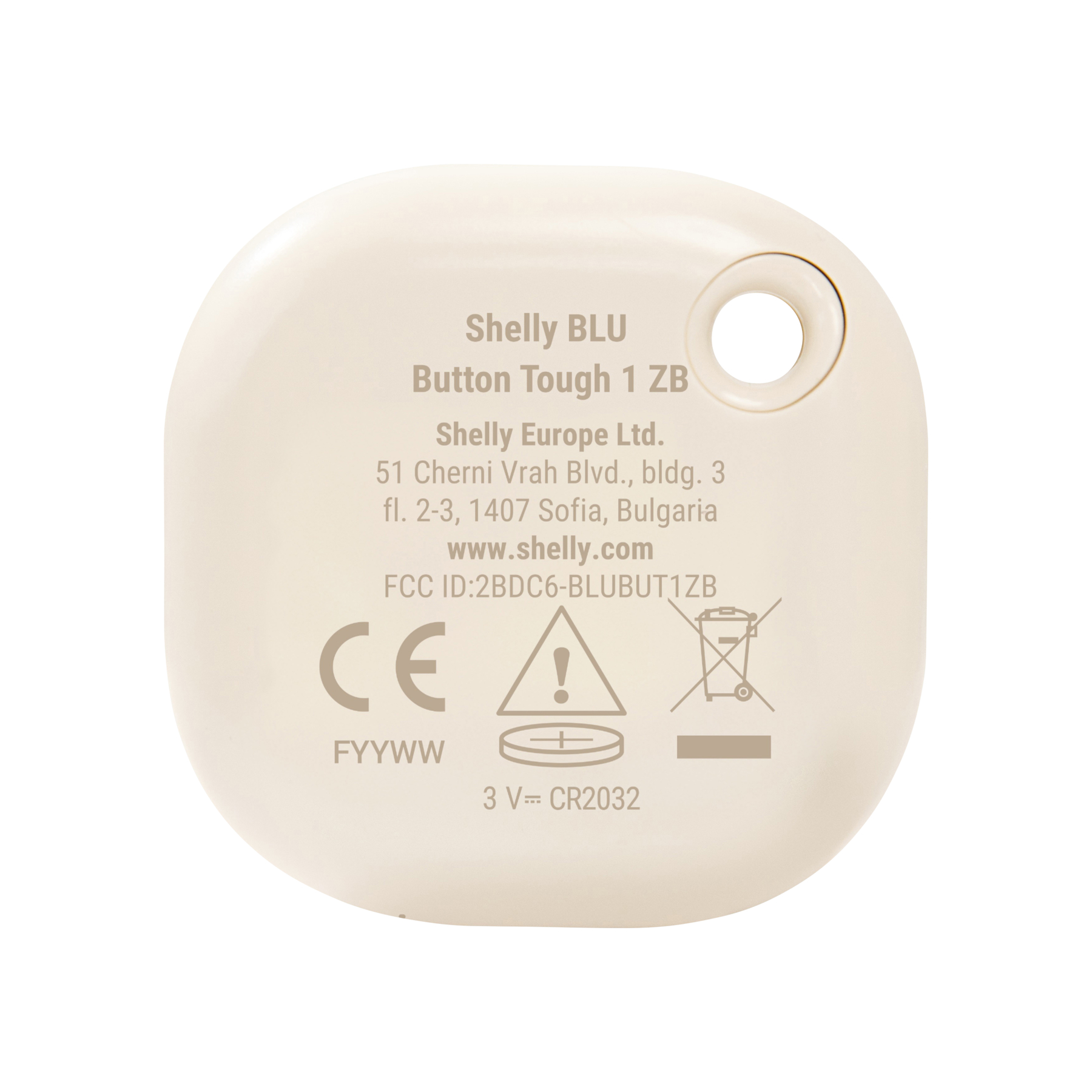Un Shelly BLU Button Tough 1 ZB bianco con testo e simboli.