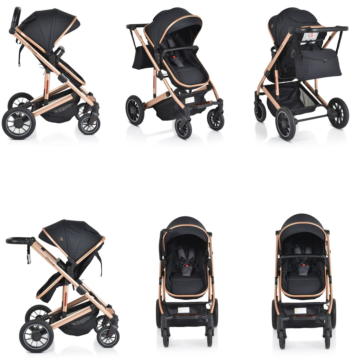 Ein goldfarbener Kinderwagen mit schwarzem Verdeck und Sitz.