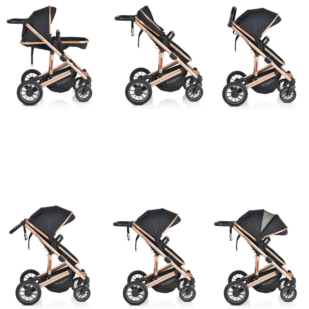 Ein schwarzer Kinderwagen mit kupferfarbenem Rahmen und vier Rädern.