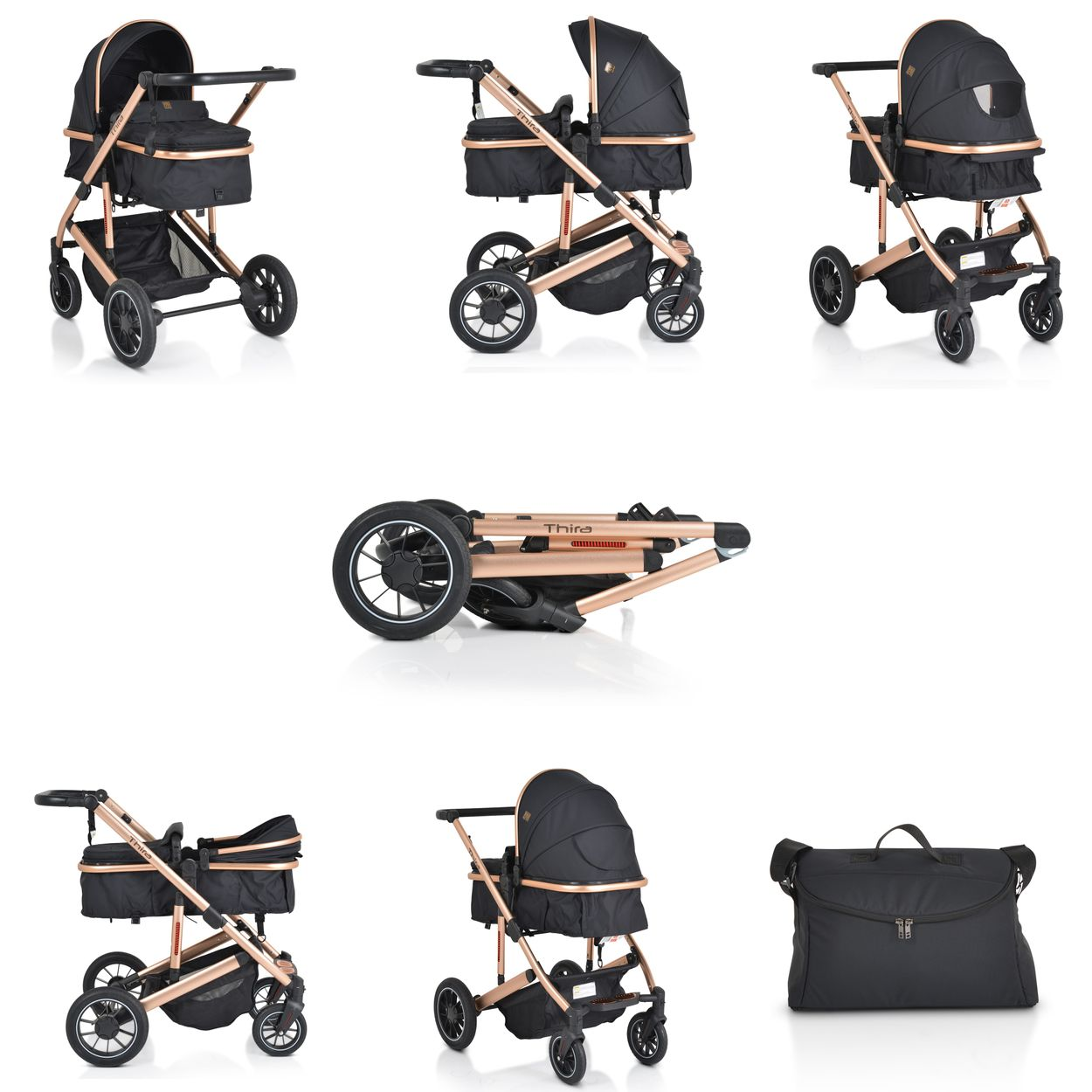 Schwarzer Kinderwagen mit Roségold-Rahmen, zusammengeklappt und als Zubehör.