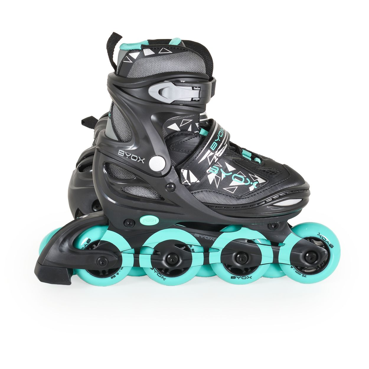 Schwarzer Inline-Skate mit türkisfarbenen Rollen und Schnallen.
