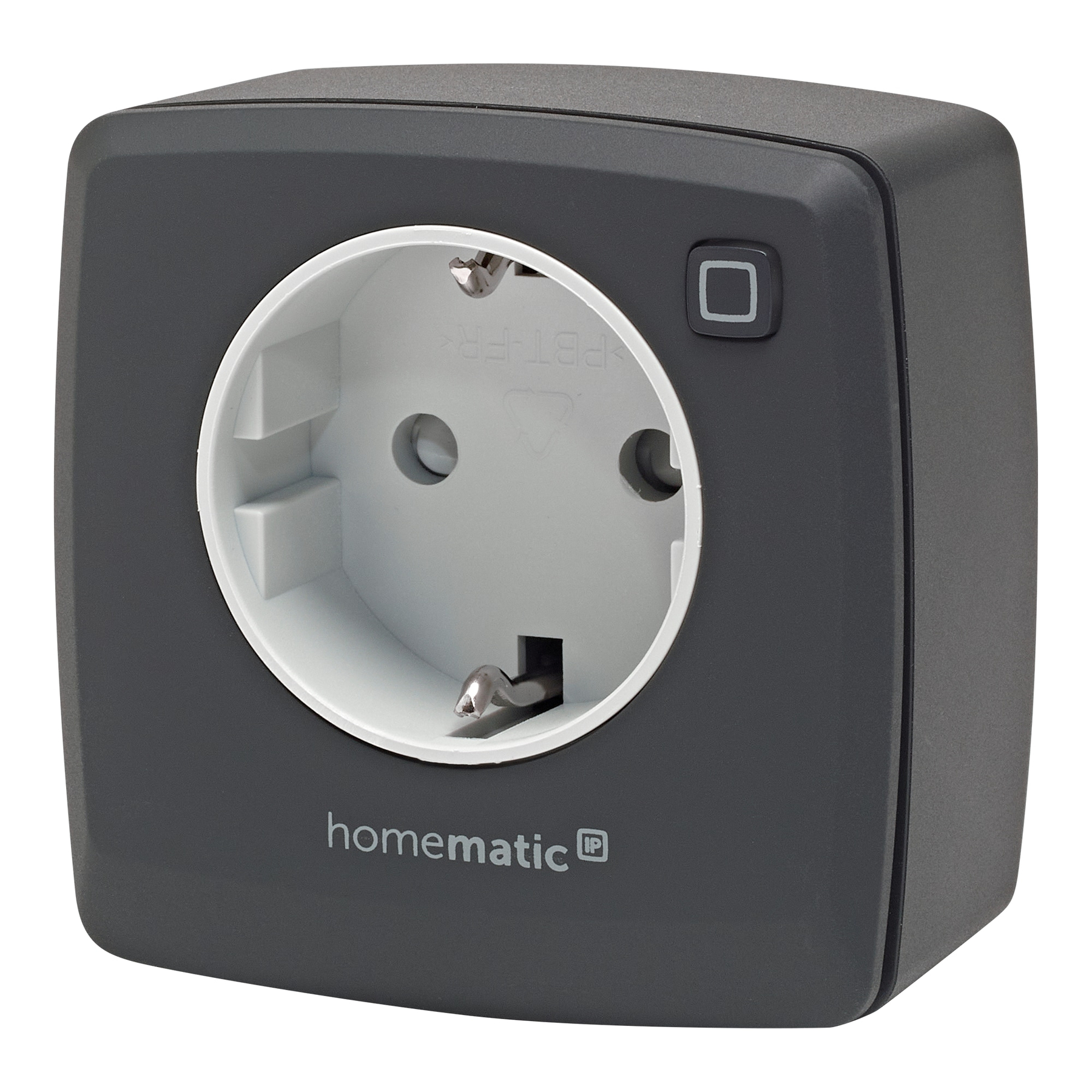 Grauer Smart-Home-Stecker mit weißer Steckdose und kleinem Knopf.