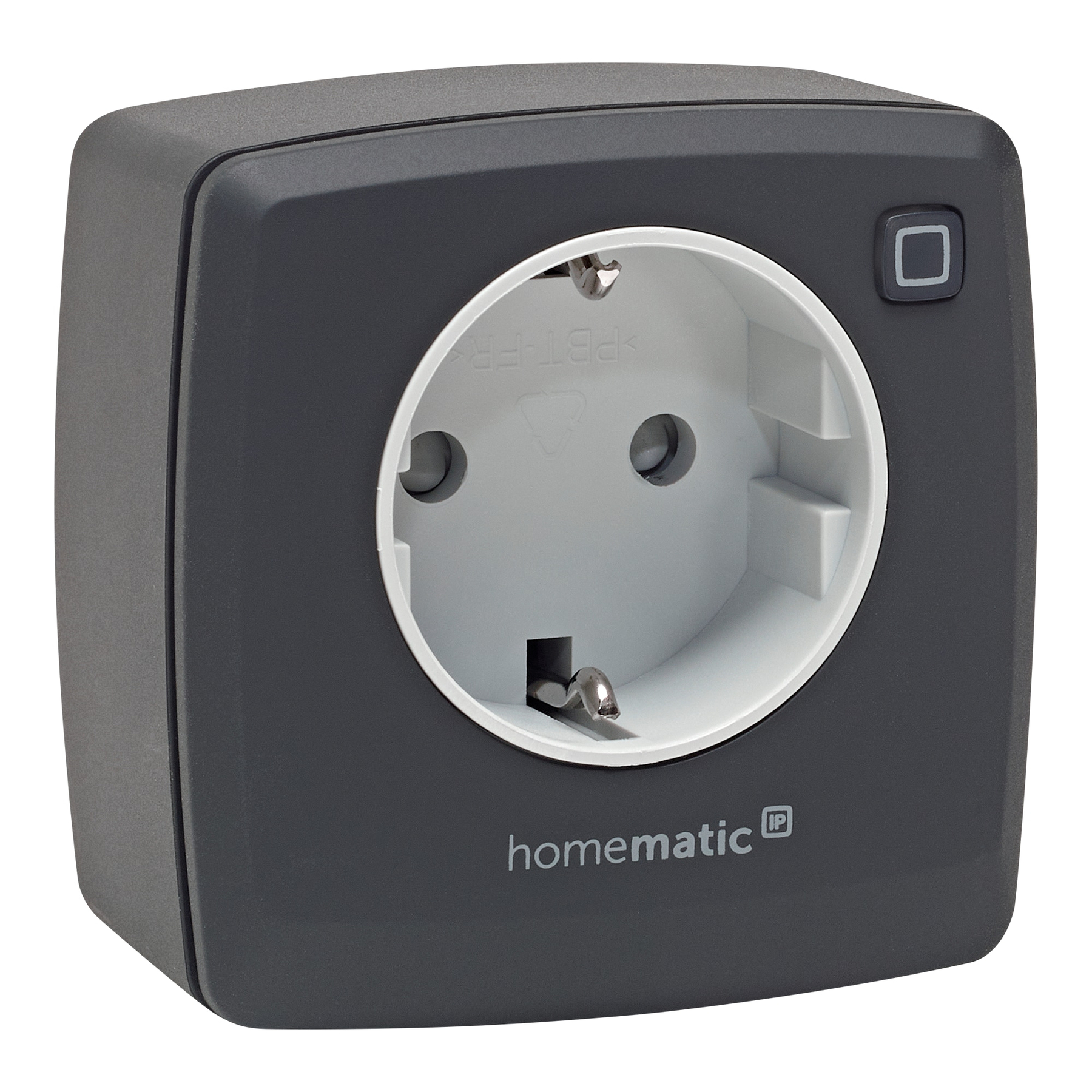 Ein dunkler, rechteckiger Smart-Home-Stecker mit einer Steckdose und einem Knopf.