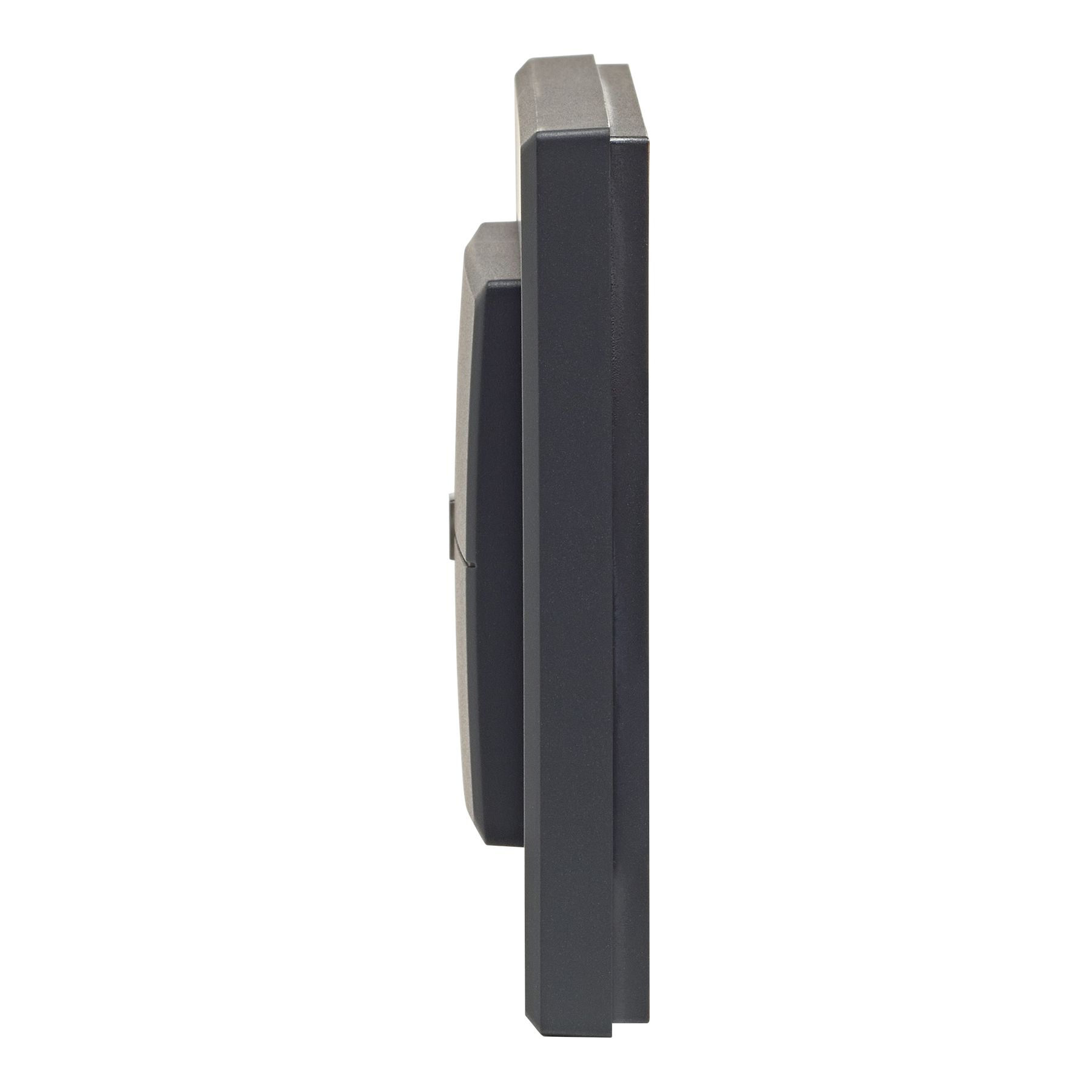 Rectangle gris foncé vu de côté avec des bords arrondis.